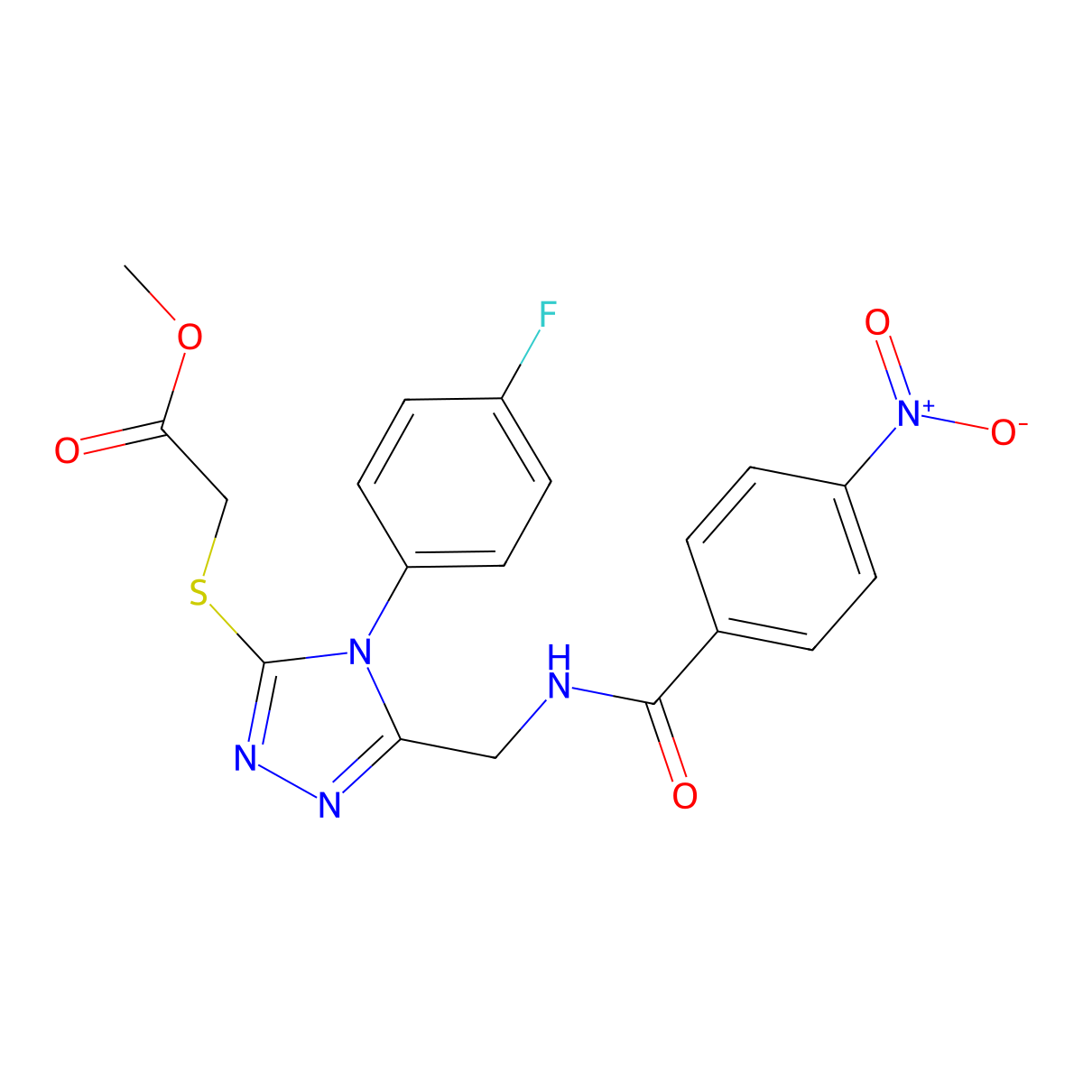 methyl 2-((4-(4-fluorophenyl)-5-((4-nitrobenzamido)methyl)-4H-1,2,4-triazol-3-yl)thio)acetate molecular structure, CAS 689750-10-5