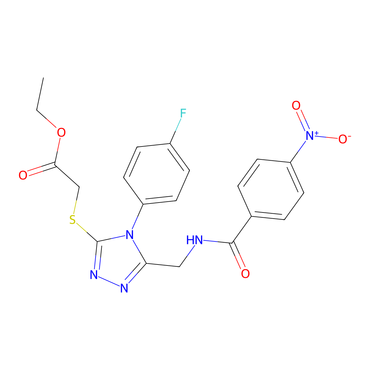 Ethyl 2-[[4-(4-fluorophenyl)-5-[[(4-nitrobenzoyl)amino]methyl]-1,2,4-triazol-3-yl]sulfanyl]acetate molecular structure, CAS 689750-15-0