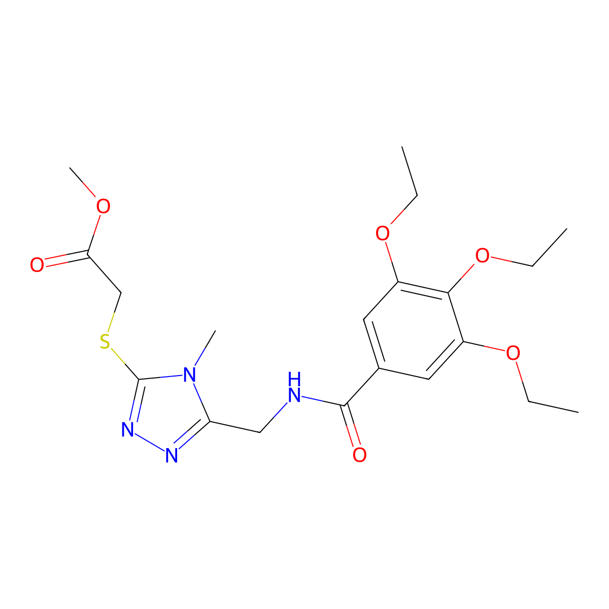 Methyl 2-[[4-methyl-5-[[(3,4,5-triethoxybenzoyl)amino]methyl]-1,2,4-triazol-3-yl]sulfanyl]acetate molecular structure, CAS 689750-20-7