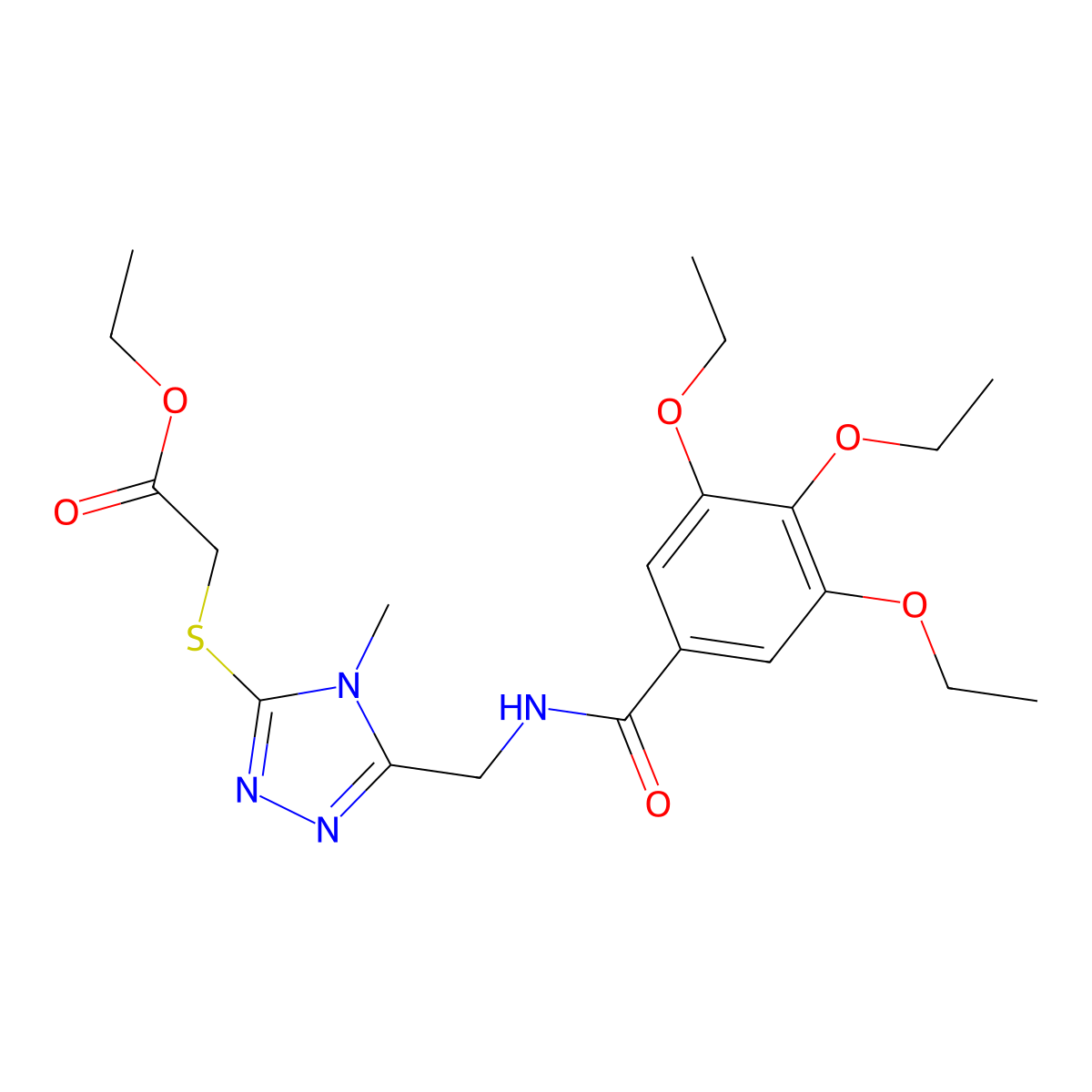 Ethyl 2-[[4-methyl-5-[[(3,4,5-triethoxybenzoyl)amino]methyl]-1,2,4-triazol-3-yl]sulfanyl]acetate molecular structure, CAS 689750-27-4