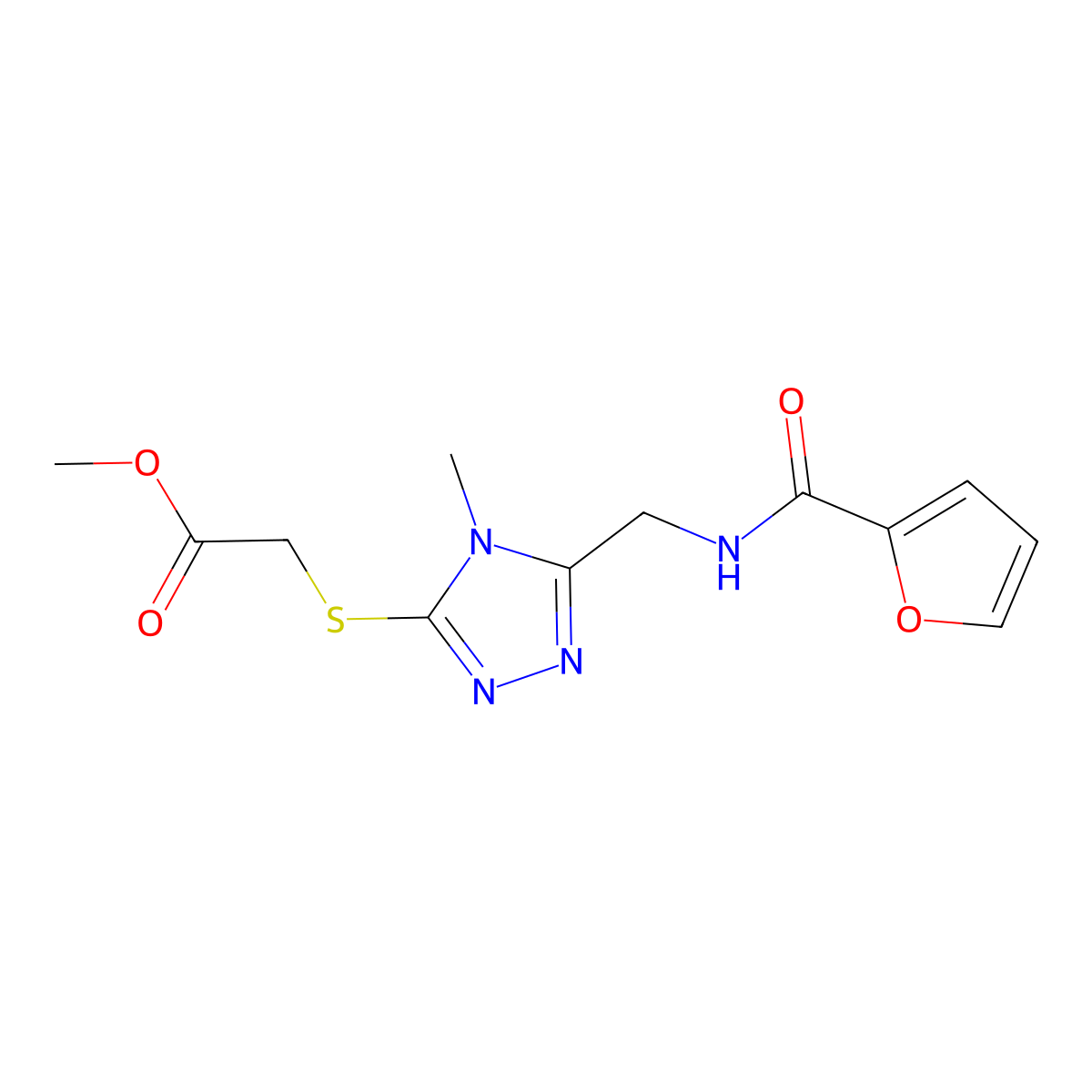 Methyl 2-[[5-[(furan-2-carbonylamino)methyl]-4-methyl-1,2,4-triazol-3-yl]sulfanyl]acetate molecular structure, CAS 689750-32-1