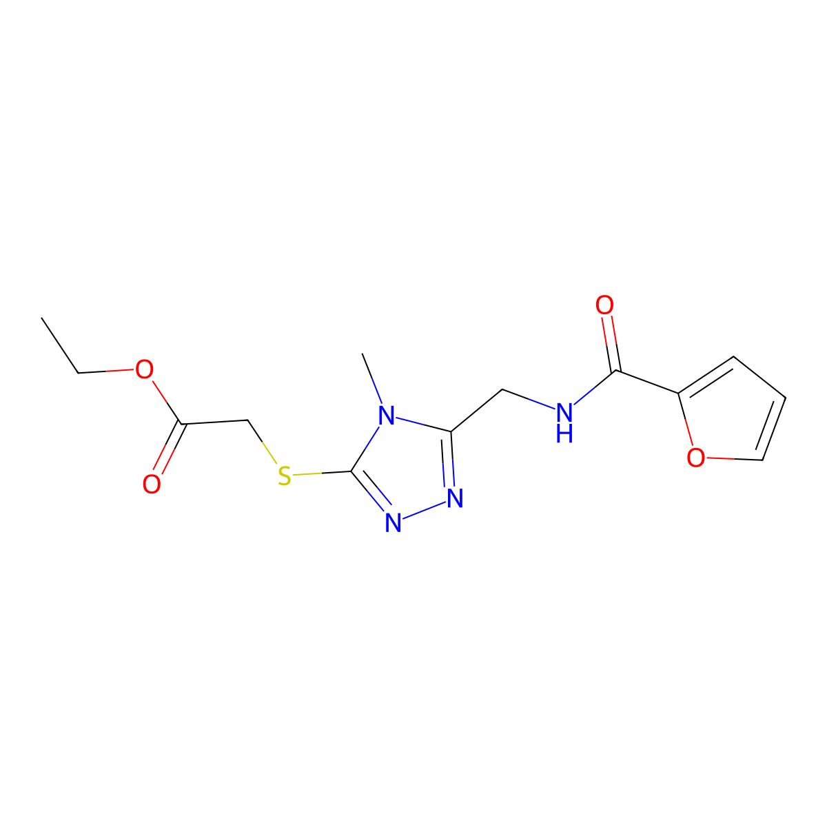 ethyl 2-((5-((furan-2-carboxamido)methyl)-4-methyl-4H-1,2,4-triazol-3-yl)thio)acetate molecular structure, CAS 689750-37-6