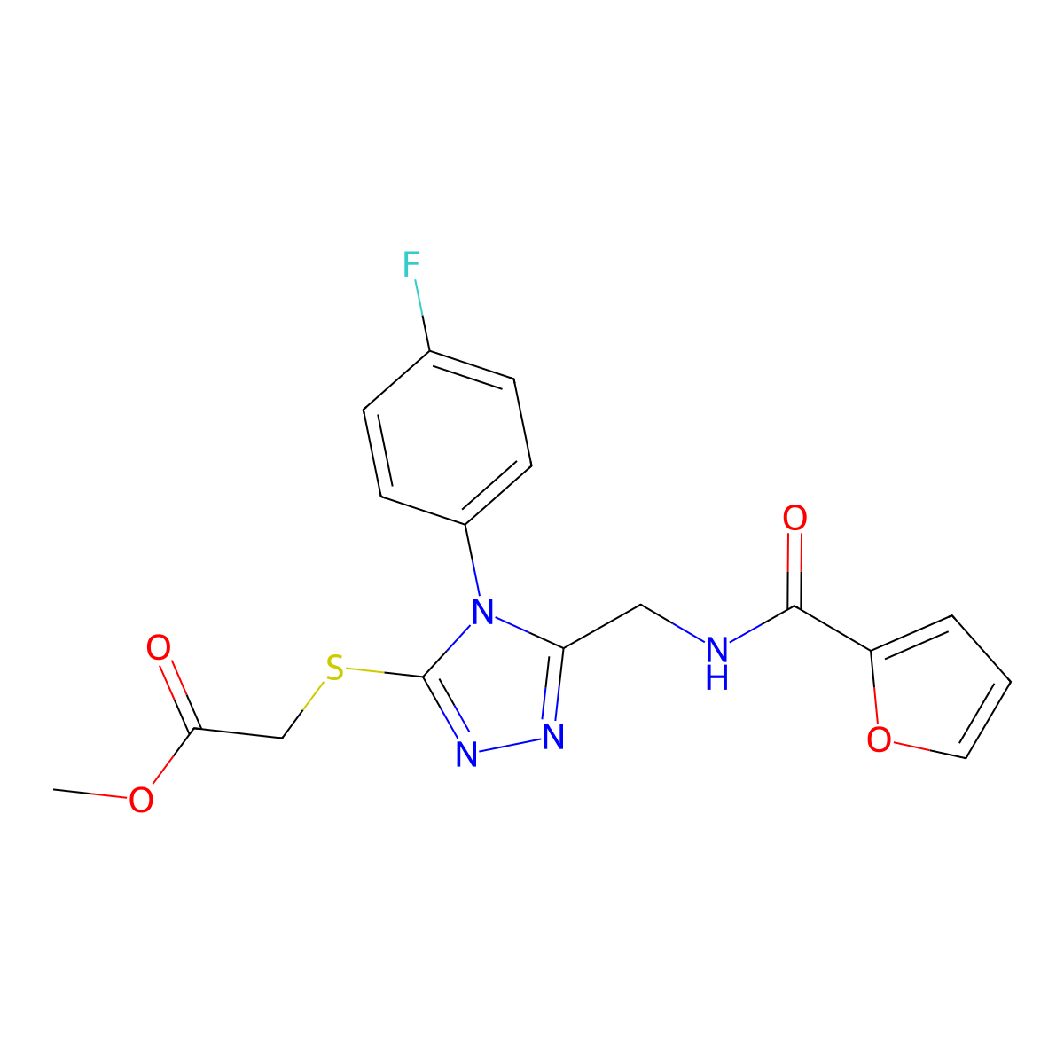 methyl 2-((4-(4-fluorophenyl)-5-((furan-2-carboxamido)methyl)-4H-1,2,4-triazol-3-yl)thio)acetate molecular structure, CAS 689750-42-3