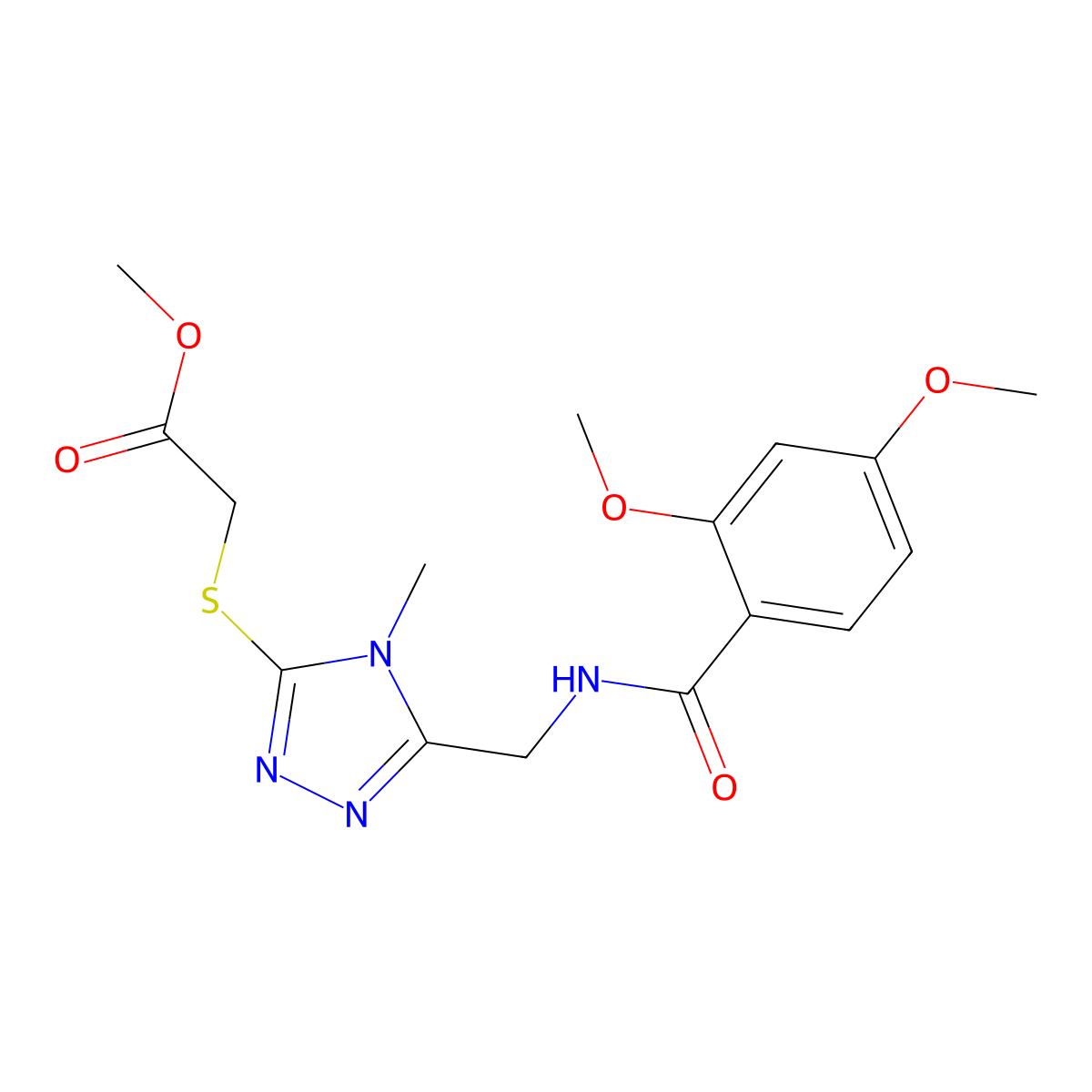 methyl 2-((5-((2,4-dimethoxybenzamido)methyl)-4-methyl-4H-1,2,4-triazol-3-yl)thio)acetate molecular structure, CAS 689750-51-4