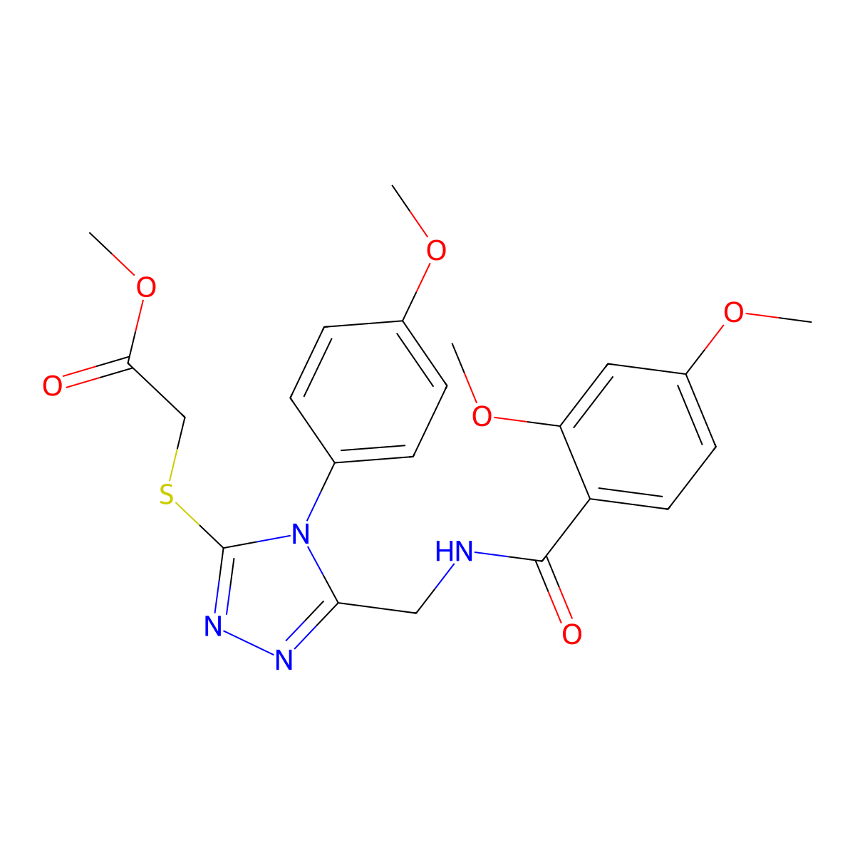 Methyl 2-[[5-[[(2,4-dimethoxybenzoyl)amino]methyl]-4-(4-methoxyphenyl)-1,2,4-triazol-3-yl]sulfanyl]acetate molecular structure, CAS 689750-61-6
