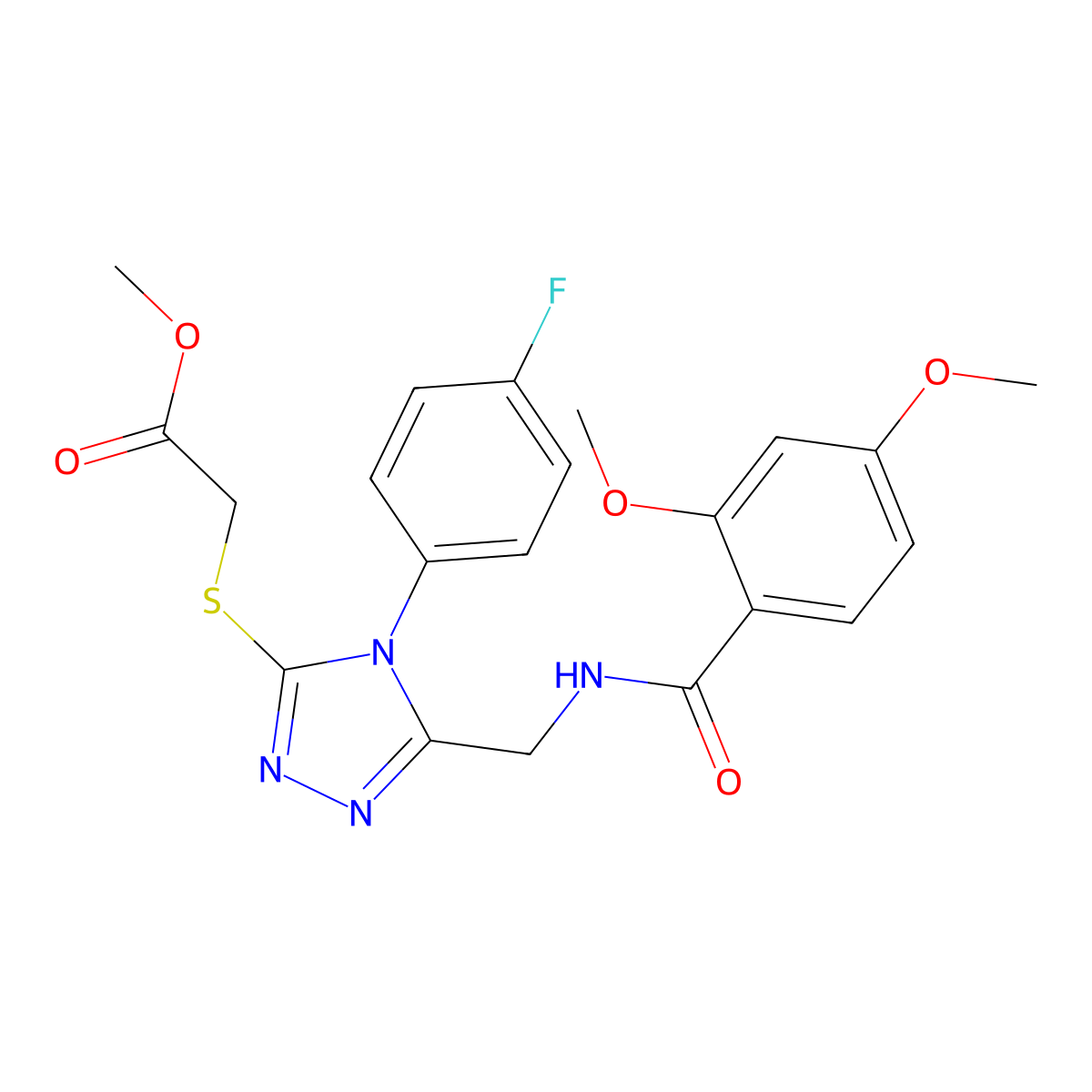 methyl 2-((5-((2,4-dimethoxybenzamido)methyl)-4-(4-fluorophenyl)-4H-1,2,4-triazol-3-yl)thio)acetate molecular structure, CAS 689750-71-8
