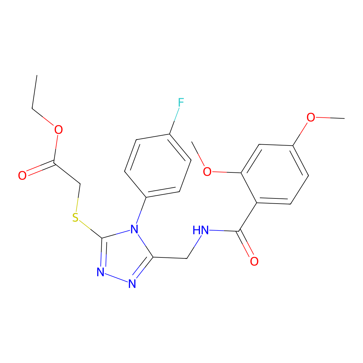 ethyl 2-((5-((2,4-dimethoxybenzamido)methyl)-4-(4-fluorophenyl)-4H-1,2,4-triazol-3-yl)thio)acetate molecular structure, CAS 689750-76-3