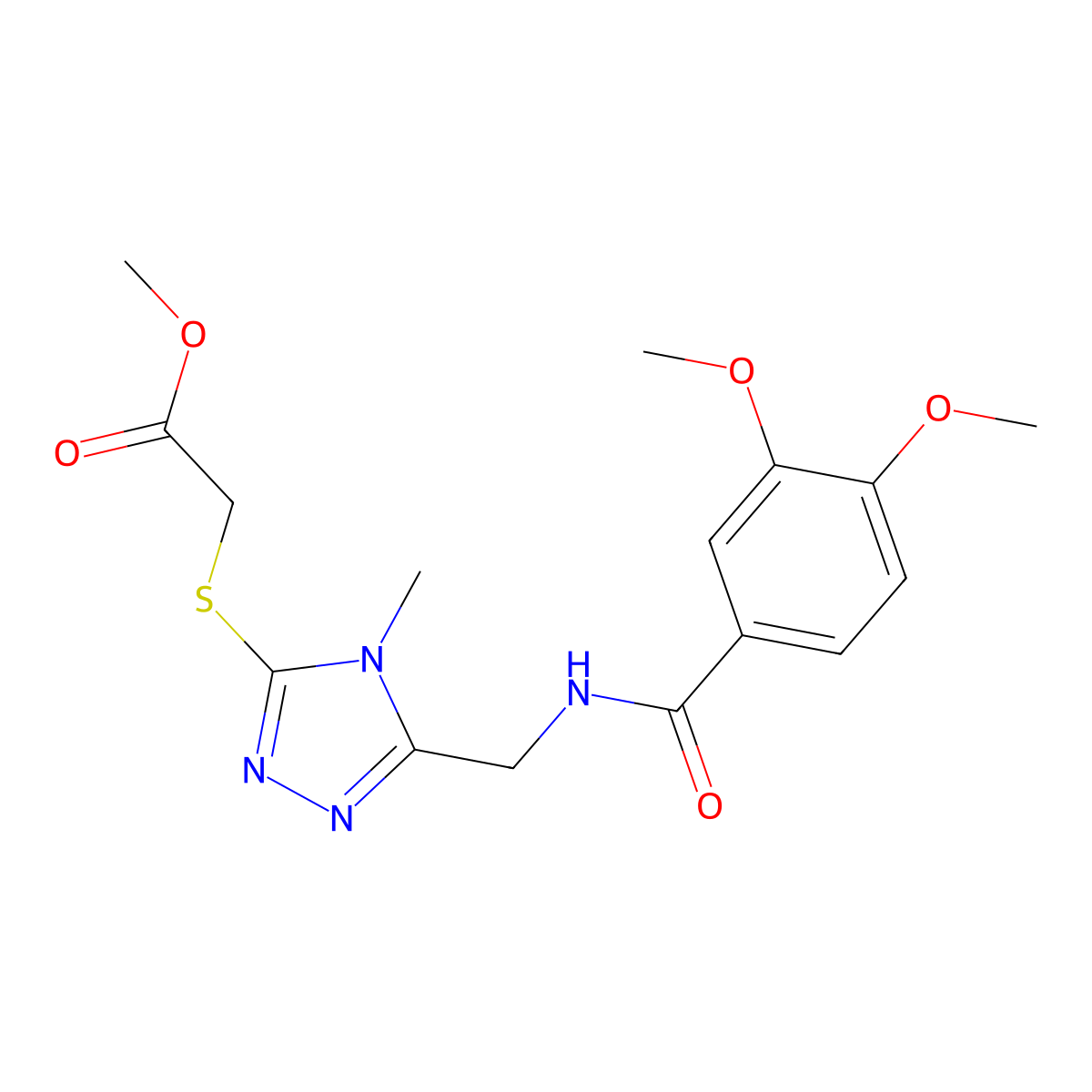 Methyl 2-[[5-[[(3,4-dimethoxybenzoyl)amino]methyl]-4-methyl-1,2,4-triazol-3-yl]sulfanyl]acetate molecular structure, CAS 689750-81-0