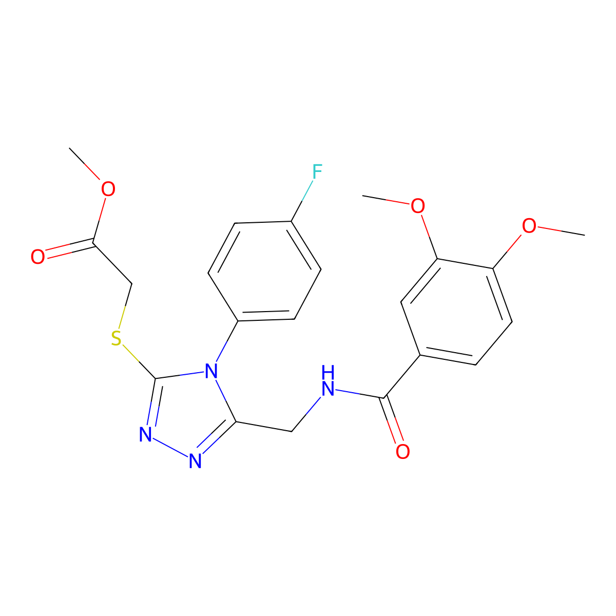 Methyl 2-[[5-[[(3,4-dimethoxybenzoyl)amino]methyl]-4-(4-fluorophenyl)-1,2,4-triazol-3-yl]sulfanyl]acetate molecular structure, CAS 689750-91-2