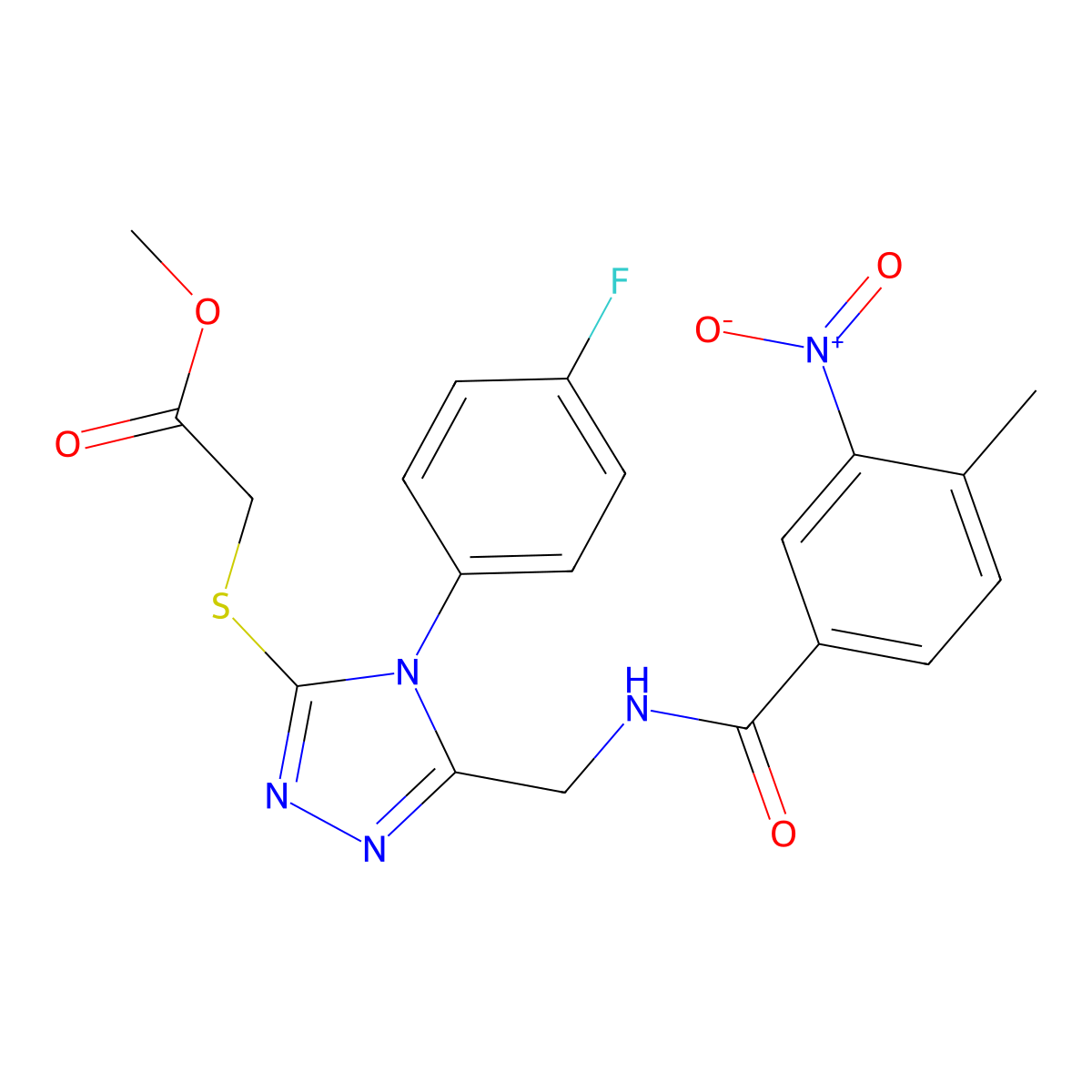 methyl 2-((4-(4-fluorophenyl)-5-((4-methyl-3-nitrobenzamido)methyl)-4H-1,2,4-triazol-3-yl)thio)acetate molecular structure, CAS 689751-01-7