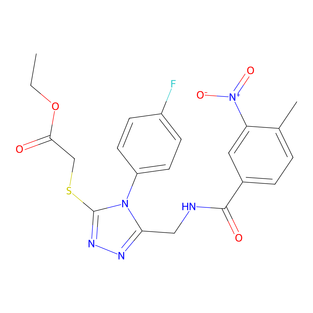 ethyl 2-((4-(4-fluorophenyl)-5-((4-methyl-3-nitrobenzamido)methyl)-4H-1,2,4-triazol-3-yl)thio)acetate molecular structure, CAS 689751-06-2