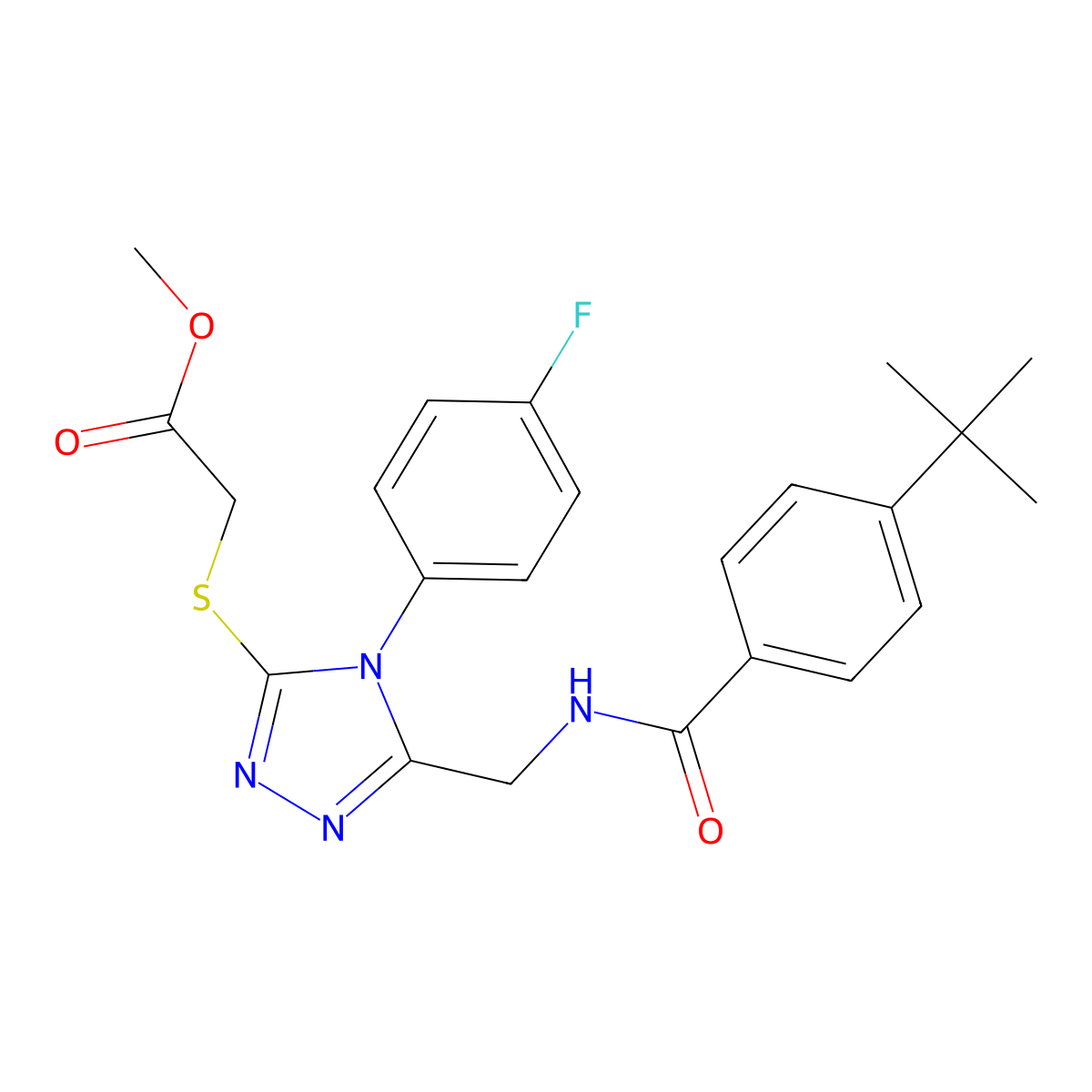 Methyl 2-[[5-[[(4-tert-butylbenzoyl)amino]methyl]-4-(4-fluorophenyl)-1,2,4-triazol-3-yl]sulfanyl]acetate molecular structure, CAS 689751-11-9