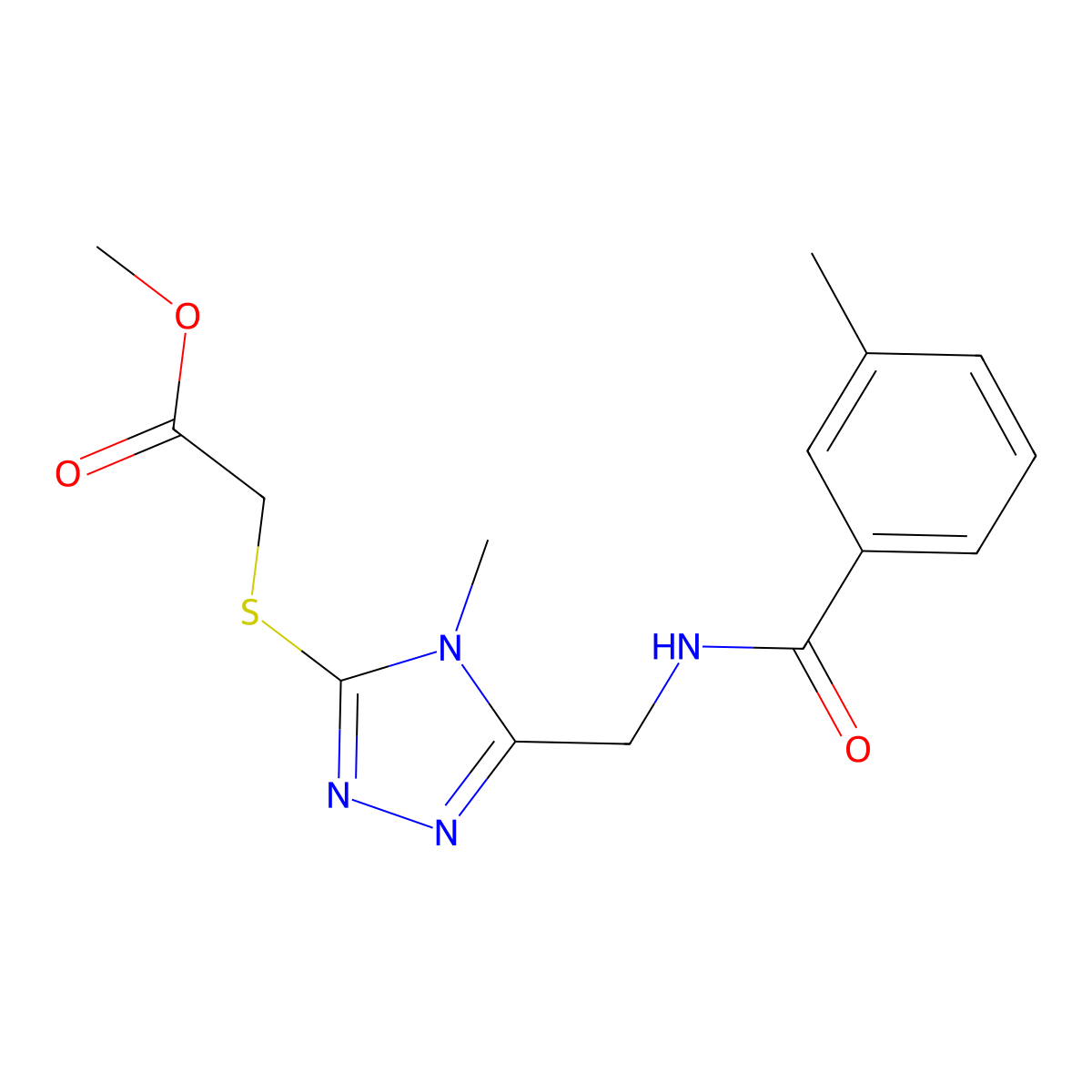 methyl 2-((4-methyl-5-((3-methylbenzamido)methyl)-4H-1,2,4-triazol-3-yl)thio)acetate molecular structure, CAS 689751-16-4