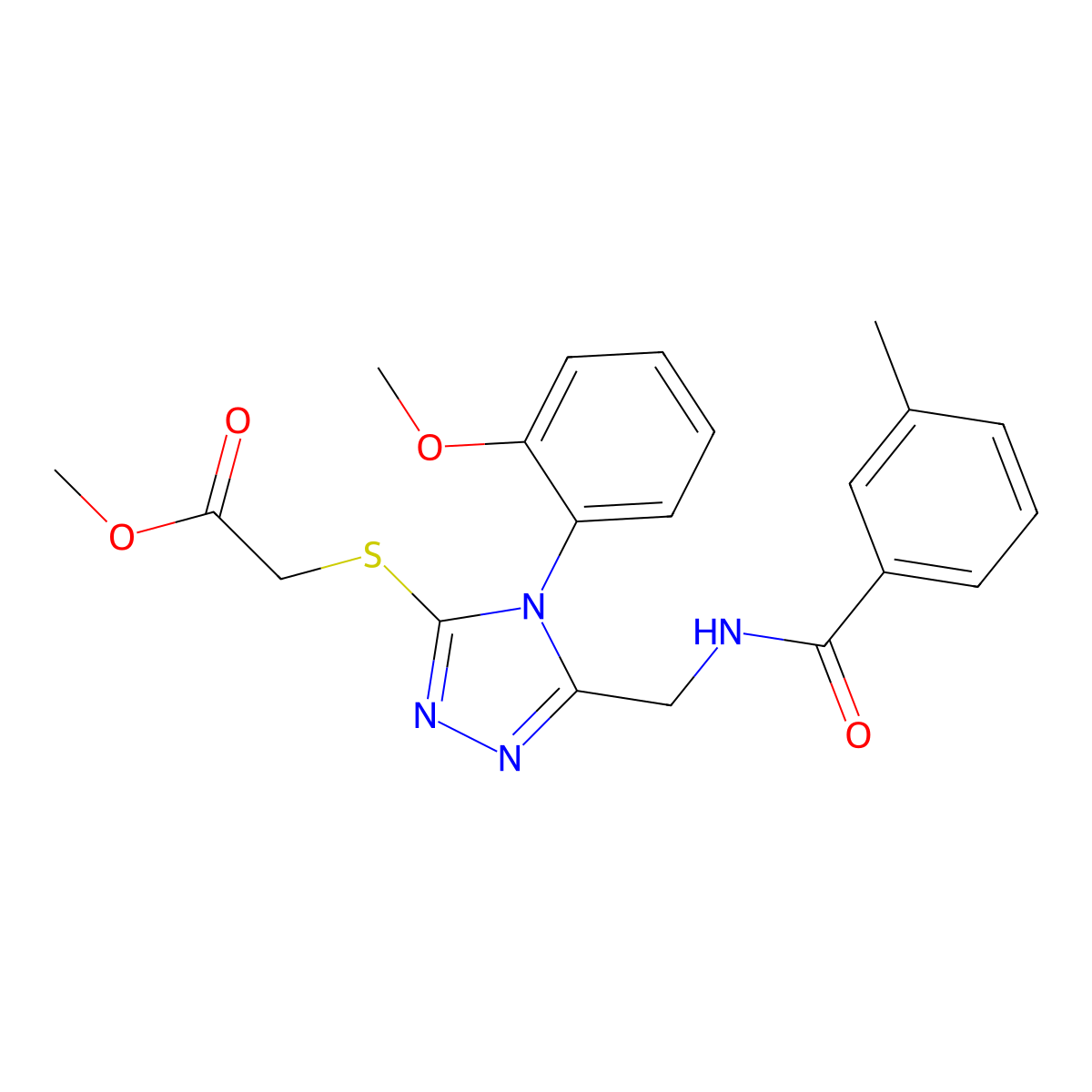 Methyl 2-[[4-(2-methoxyphenyl)-5-[[(3-methylbenzoyl)amino]methyl]-1,2,4-triazol-3-yl]sulfanyl]acetate molecular structure, CAS 689751-37-9