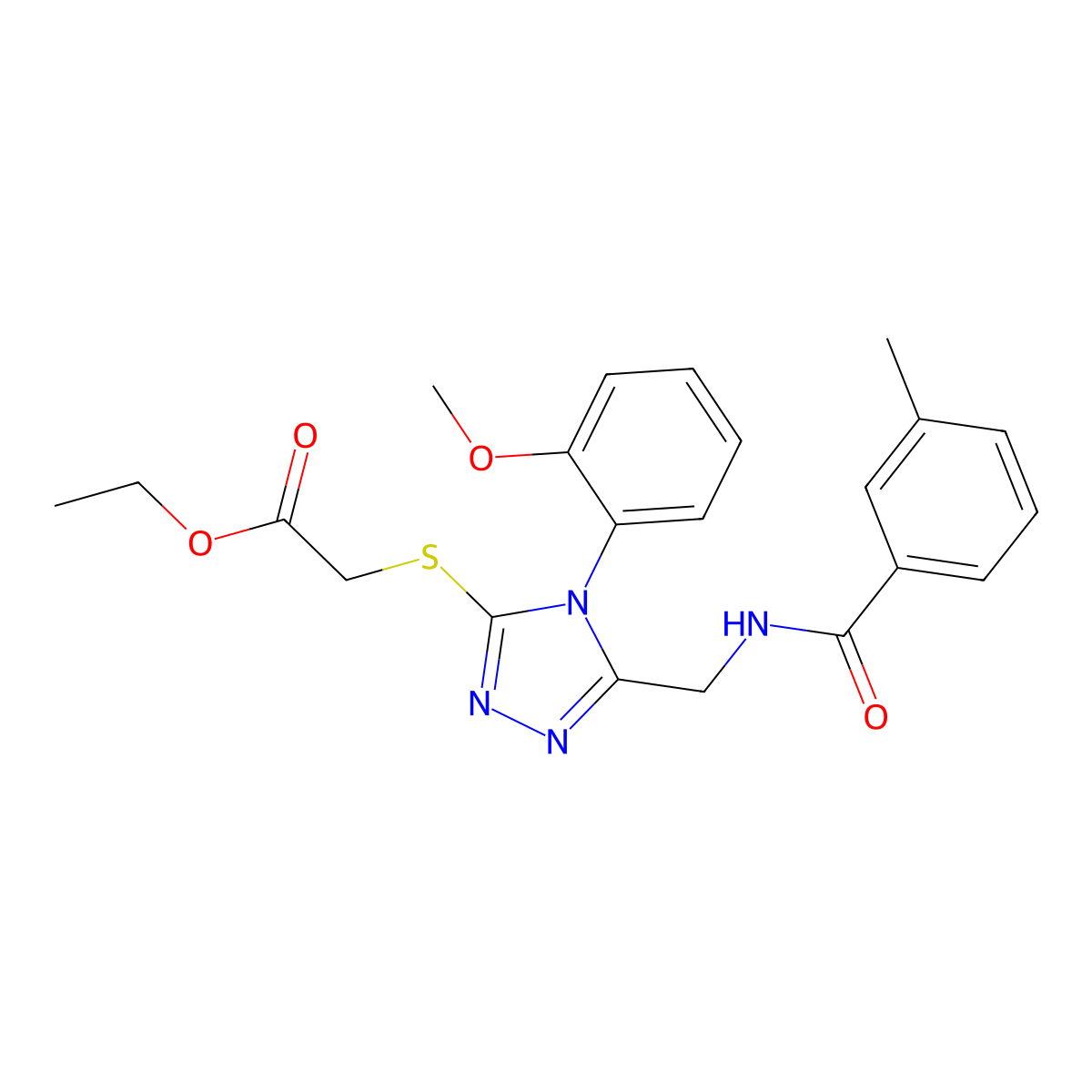 Ethyl 2-[[4-(2-methoxyphenyl)-5-[[(3-methylbenzoyl)amino]methyl]-1,2,4-triazol-3-yl]sulfanyl]acetate molecular structure, CAS 689751-42-6