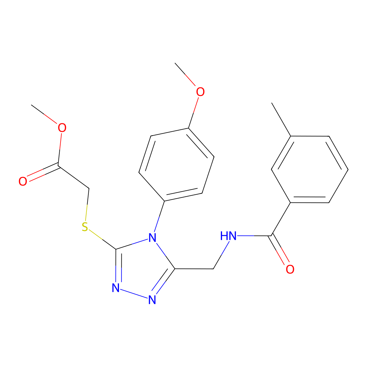 Methyl 2-[[4-(4-methoxyphenyl)-5-[[(3-methylbenzoyl)amino]methyl]-1,2,4-triazol-3-yl]sulfanyl]acetate molecular structure, CAS 689751-47-1