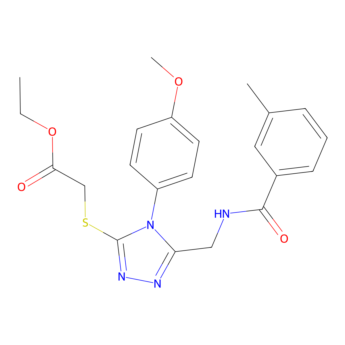Ethyl 2-[[4-(4-methoxyphenyl)-5-[[(3-methylbenzoyl)amino]methyl]-1,2,4-triazol-3-yl]sulfanyl]acetate molecular structure, CAS 689751-53-9