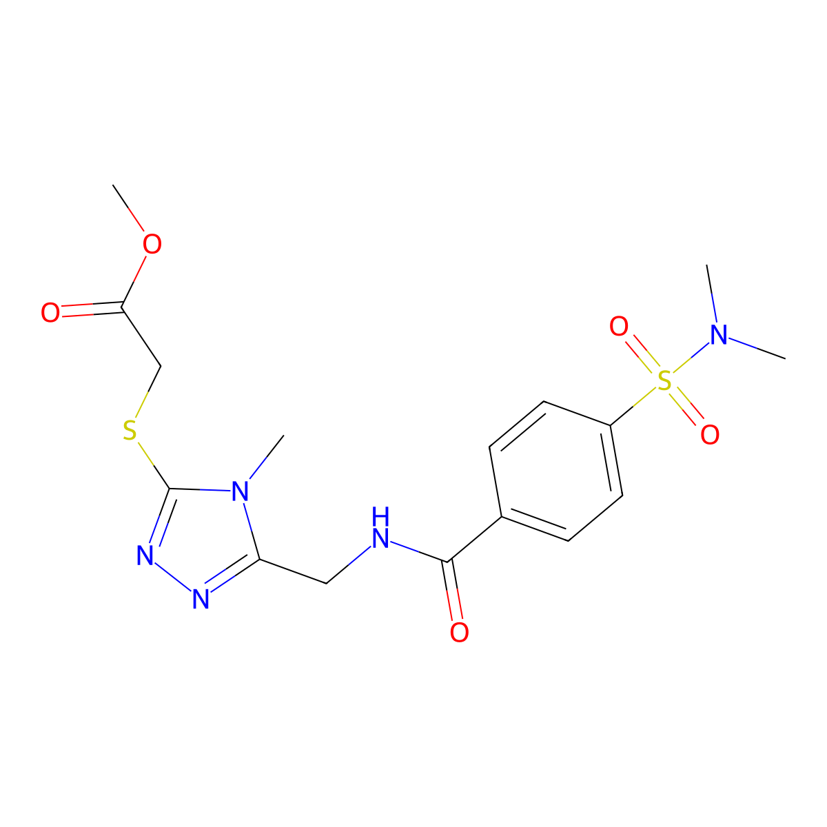 Methyl 2-[[5-[[[4-(dimethylsulfamoyl)benzoyl]amino]methyl]-4-methyl-1,2,4-triazol-3-yl]sulfanyl]acetate molecular structure, CAS 689751-68-6
