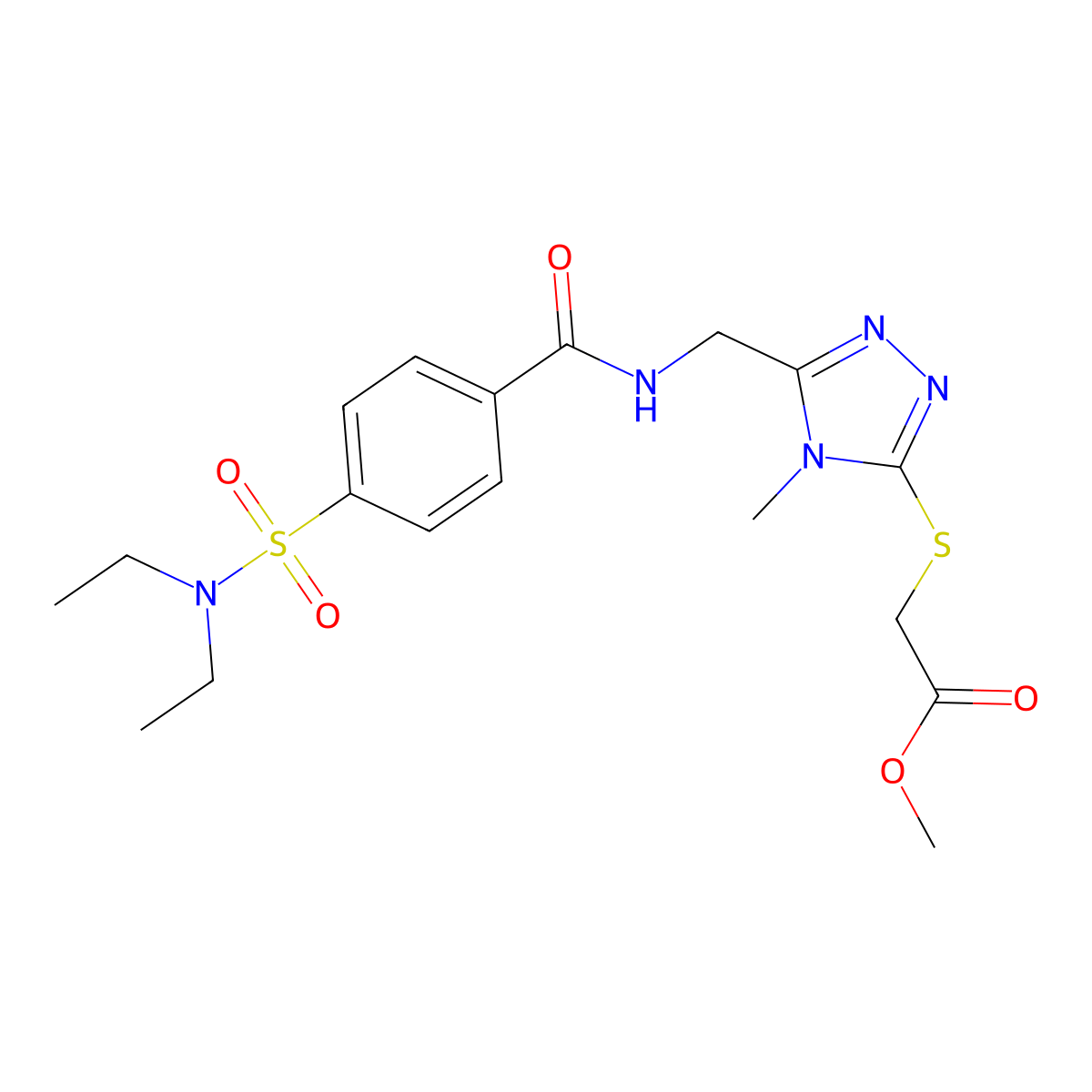 Methyl 2-[[5-[[[4-(diethylsulfamoyl)benzoyl]amino]methyl]-4-methyl-1,2,4-triazol-3-yl]sulfanyl]acetate molecular structure, CAS 689751-79-9
