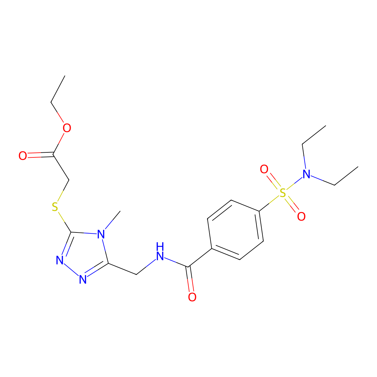 Ethyl 2-[[5-[[[4-(diethylsulfamoyl)benzoyl]amino]methyl]-4-methyl-1,2,4-triazol-3-yl]sulfanyl]acetate molecular structure, CAS 689751-84-6