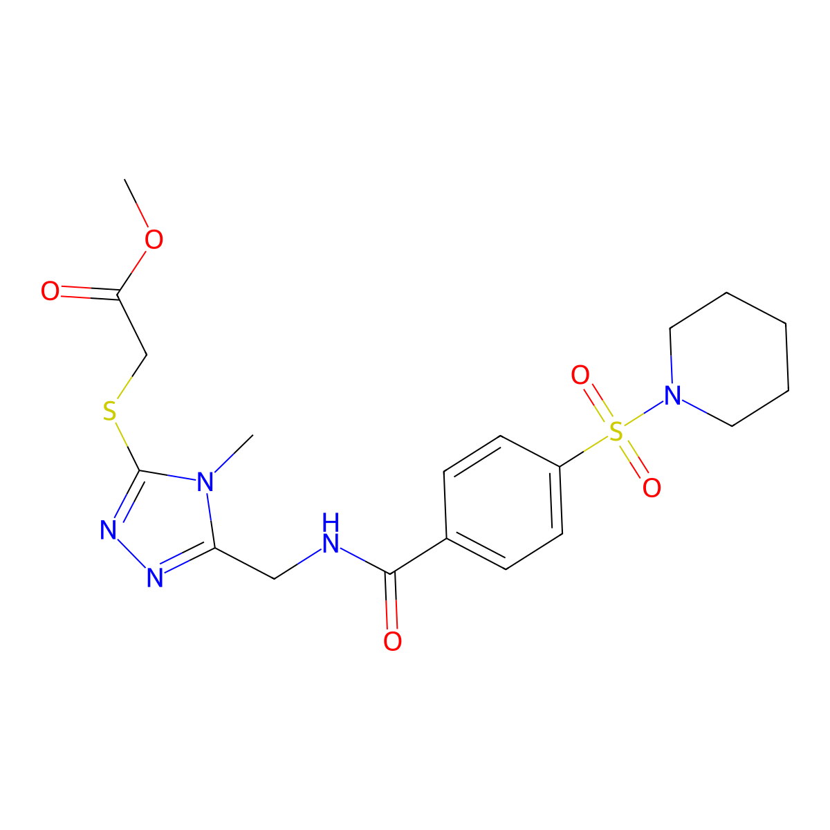 methyl 2-((4-methyl-5-((4-(piperidin-1-ylsulfonyl)benzamido)methyl)-4H-1,2,4-triazol-3-yl)thio)acetate molecular structure, CAS 689751-89-1
