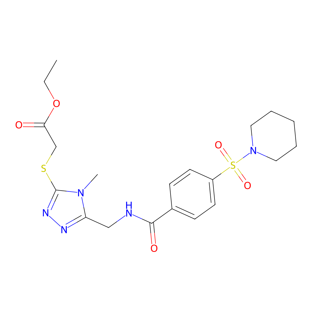 ethyl 2-((4-methyl-5-((4-(piperidin-1-ylsulfonyl)benzamido)methyl)-4H-1,2,4-triazol-3-yl)thio)acetate molecular structure, CAS 689751-94-8