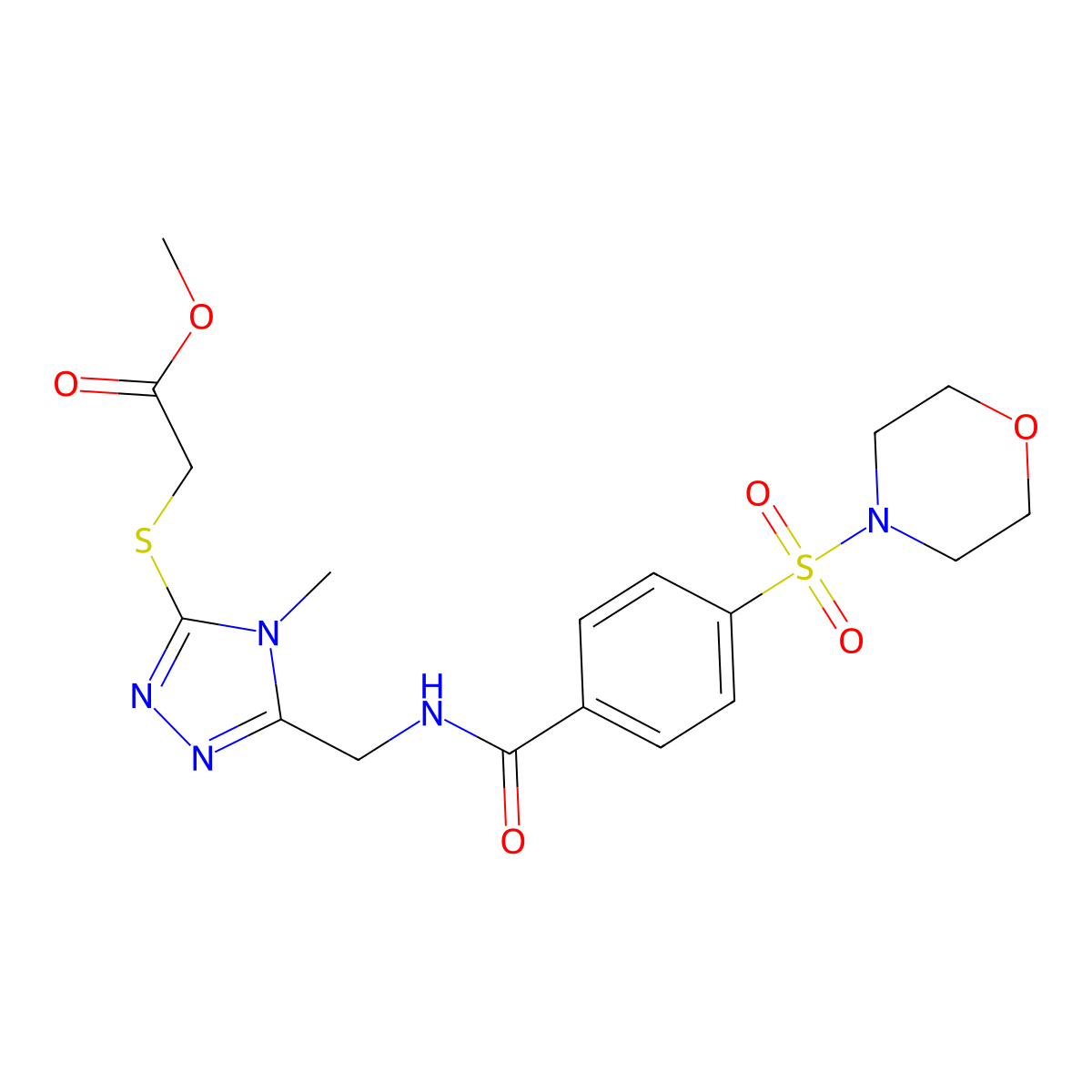 methyl 2-((4-methyl-5-((4-(morpholinosulfonyl)benzamido)methyl)-4H-1,2,4-triazol-3-yl)thio)acetate molecular structure, CAS 689751-99-3