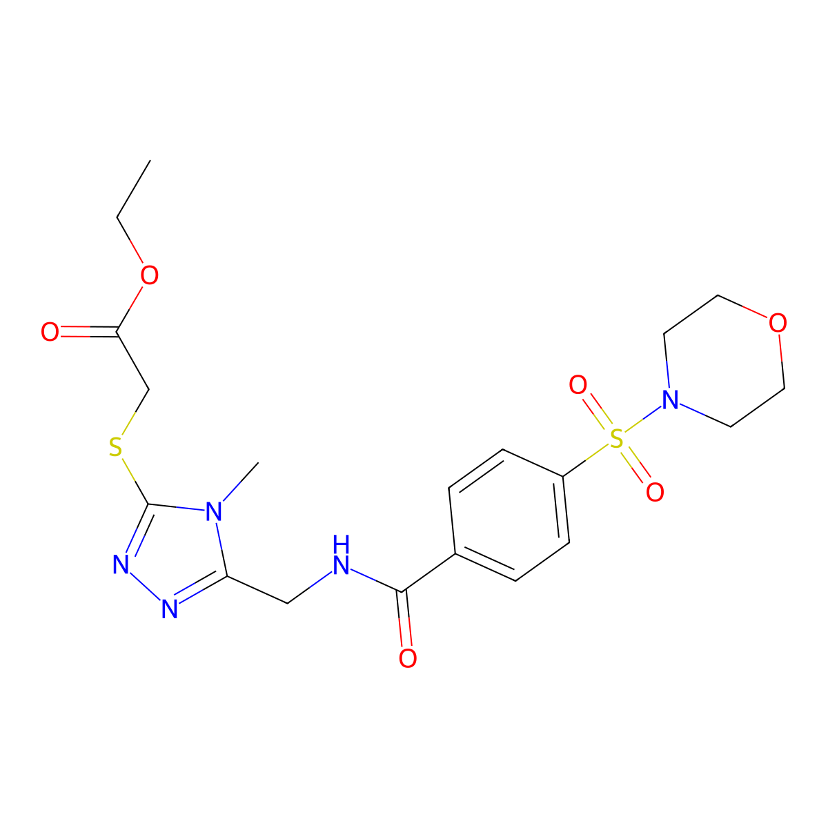 Ethyl 2-[[4-methyl-5-[[(4-morpholin-4-ylsulfonylbenzoyl)amino]methyl]-1,2,4-triazol-3-yl]sulfanyl]acetate molecular structure, CAS 689752-05-4