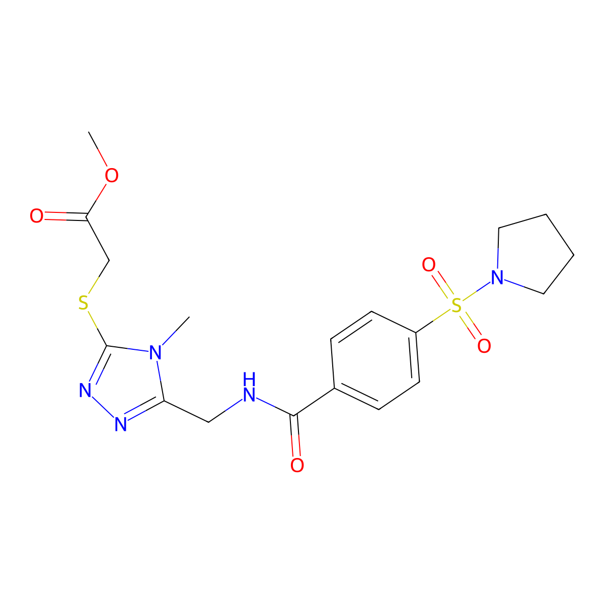Methyl 2-[[4-methyl-5-[[(4-pyrrolidin-1-ylsulfonylbenzoyl)amino]methyl]-1,2,4-triazol-3-yl]sulfanyl]acetate molecular structure, CAS 689752-11-2
