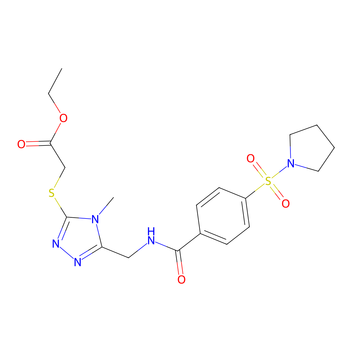 Ethyl 2-[[4-methyl-5-[[(4-pyrrolidin-1-ylsulfonylbenzoyl)amino]methyl]-1,2,4-triazol-3-yl]sulfanyl]acetate molecular structure, CAS 689752-16-7