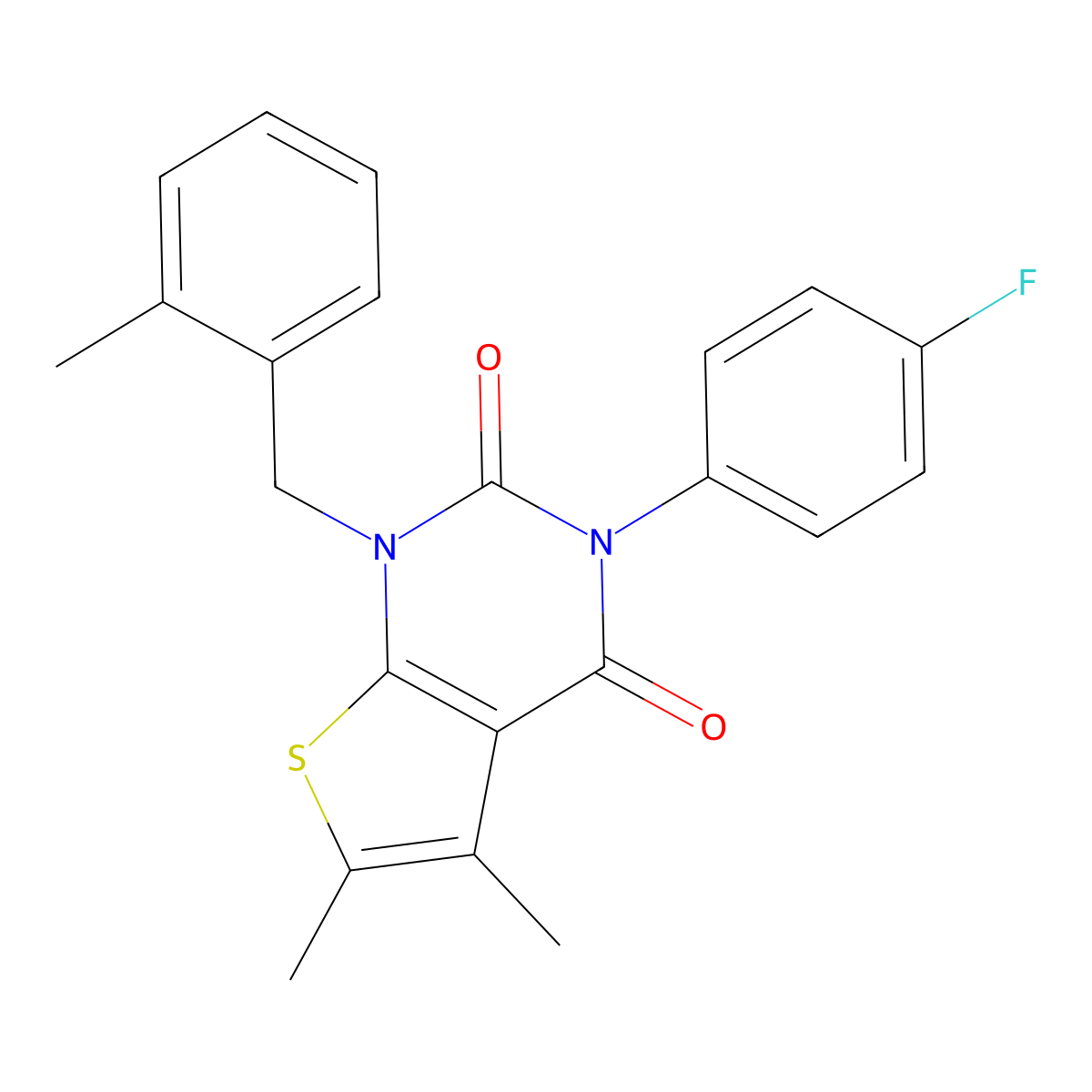 3-(4-fluorophenyl)-5,6-dimethyl-1-[(2-methylphenyl)methyl]-1H,2H,3H,4H-thieno[2,3-d]pyrimidine-2,4-dione molecular structure, CAS 689753-12-6