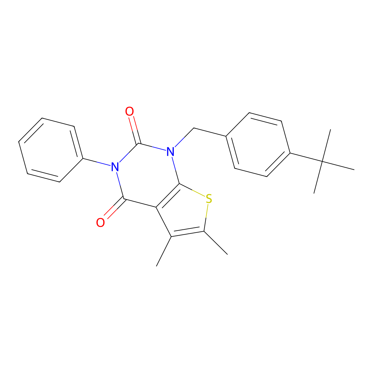 1-[(4-tert-butylphenyl)methyl]-5,6-dimethyl-3-phenyl-1H,2H,3H,4H-thieno[2,3-d]pyrimidine-2,4-dione molecular structure, CAS 689754-61-8