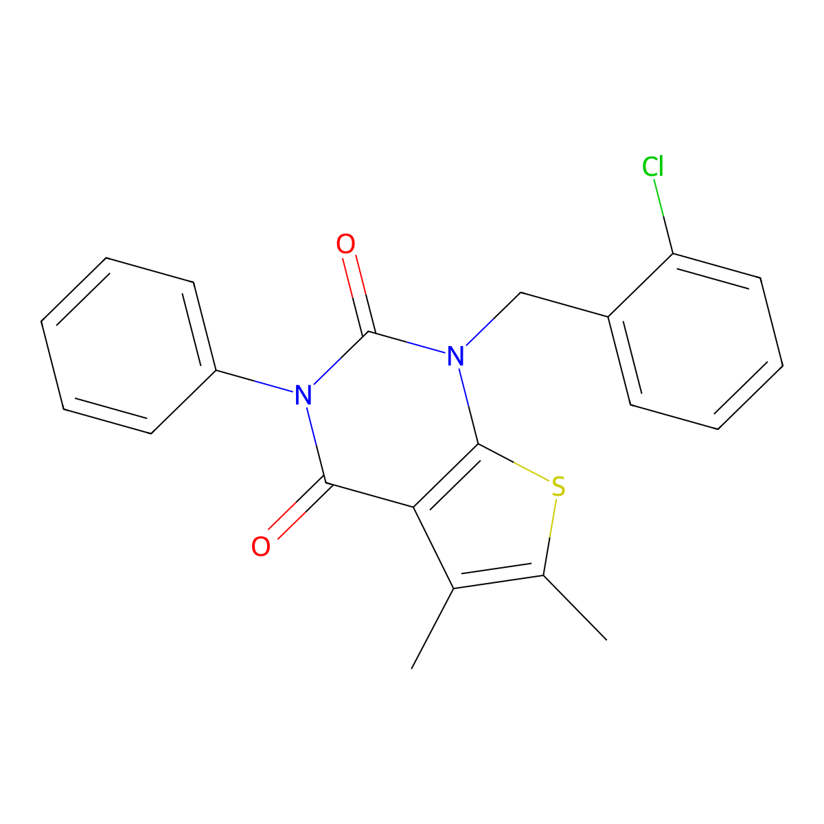 1-[(2-chlorophenyl)methyl]-5,6-dimethyl-3-phenyl-1H,2H,3H,4H-thieno[2,3-d]pyrimidine-2,4-dione molecular structure, CAS 689754-67-4