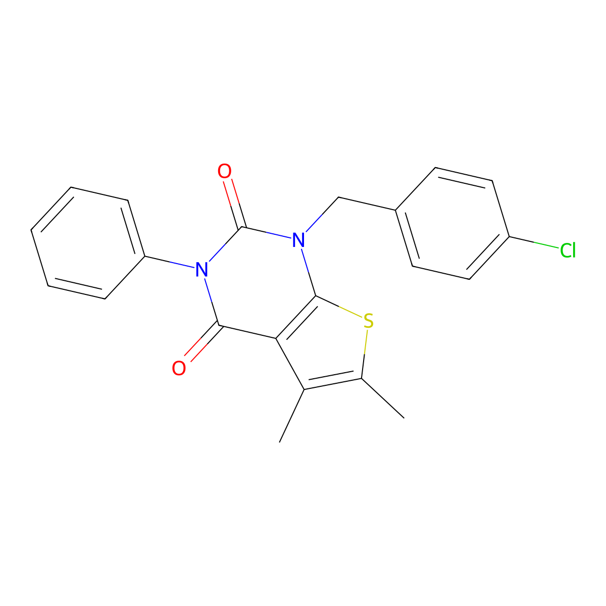 1-[(4-chlorophenyl)methyl]-5,6-dimethyl-3-phenyl-1H,2H,3H,4H-thieno[2,3-d]pyrimidine-2,4-dione molecular structure, CAS 689754-72-1