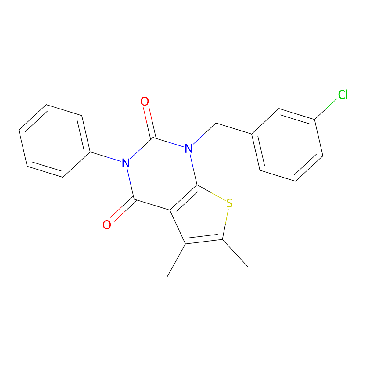 1-[(3-chlorophenyl)methyl]-5,6-dimethyl-3-phenyl-1H,2H,3H,4H-thieno[2,3-d]pyrimidine-2,4-dione molecular structure, CAS 689754-82-3