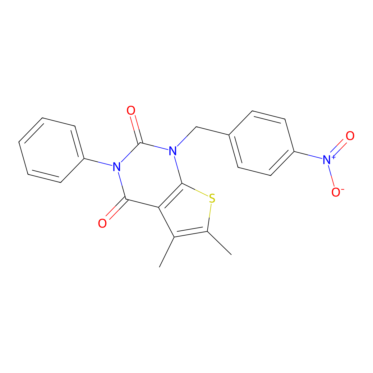 5,6-dimethyl-1-[(4-nitrophenyl)methyl]-3-phenyl-1H,2H,3H,4H-thieno[2,3-d]pyrimidine-2,4-dione molecular structure, CAS 689754-88-9
