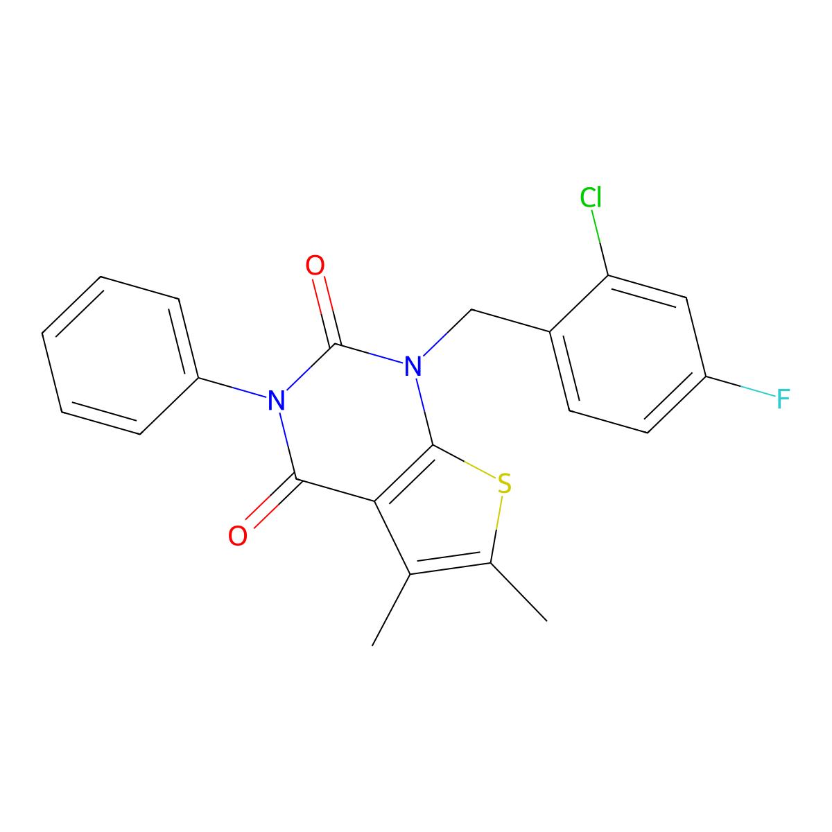 1-[(2-chloro-4-fluorophenyl)methyl]-5,6-dimethyl-3-phenyl-1H,2H,3H,4H-thieno[2,3-d]pyrimidine-2,4-dione molecular structure, CAS 689754-93-6