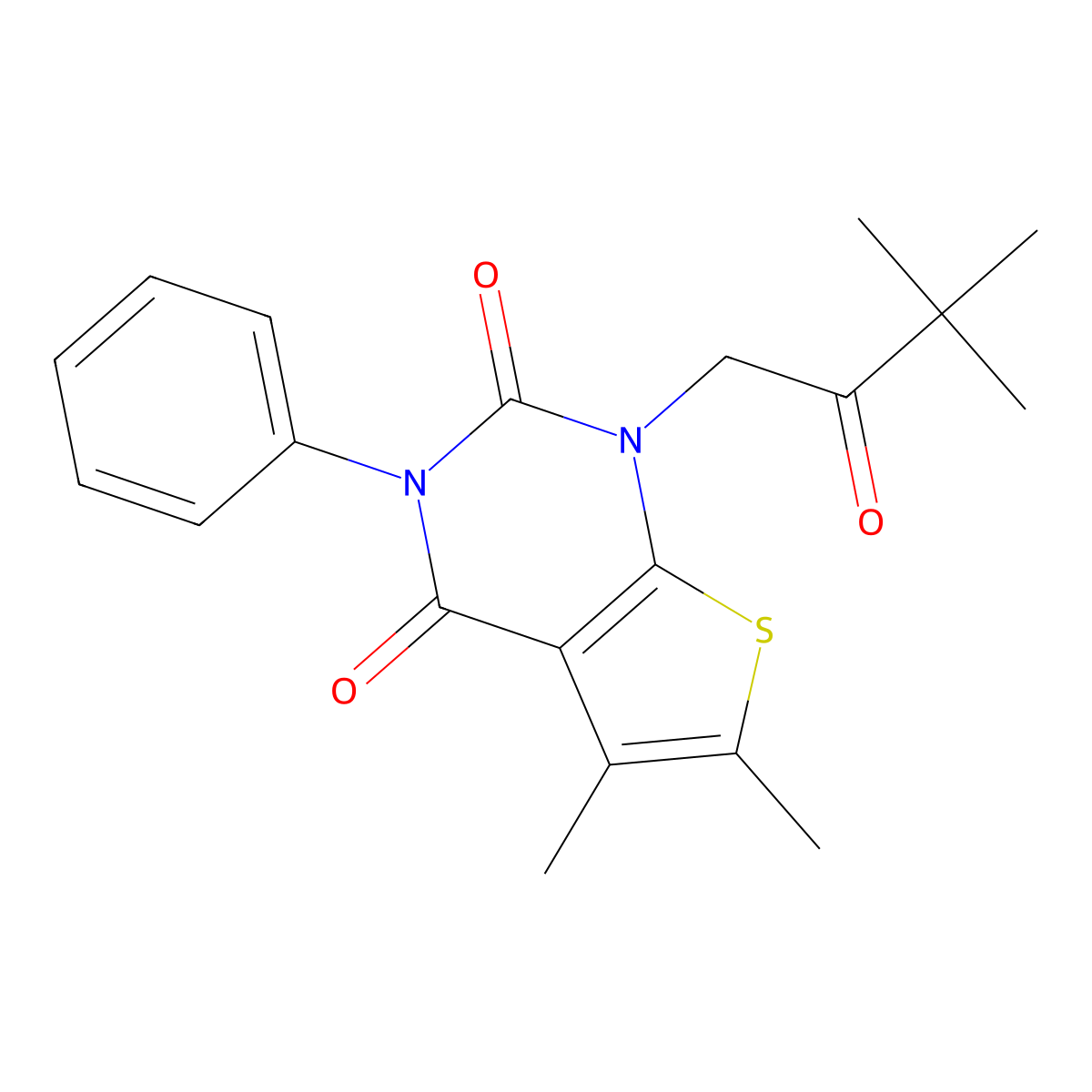 1-(3,3-dimethyl-2-oxobutyl)-5,6-dimethyl-3-phenyl-1H,2H,3H,4H-thieno[2,3-d]pyrimidine-2,4-dione molecular structure, CAS 689755-08-6