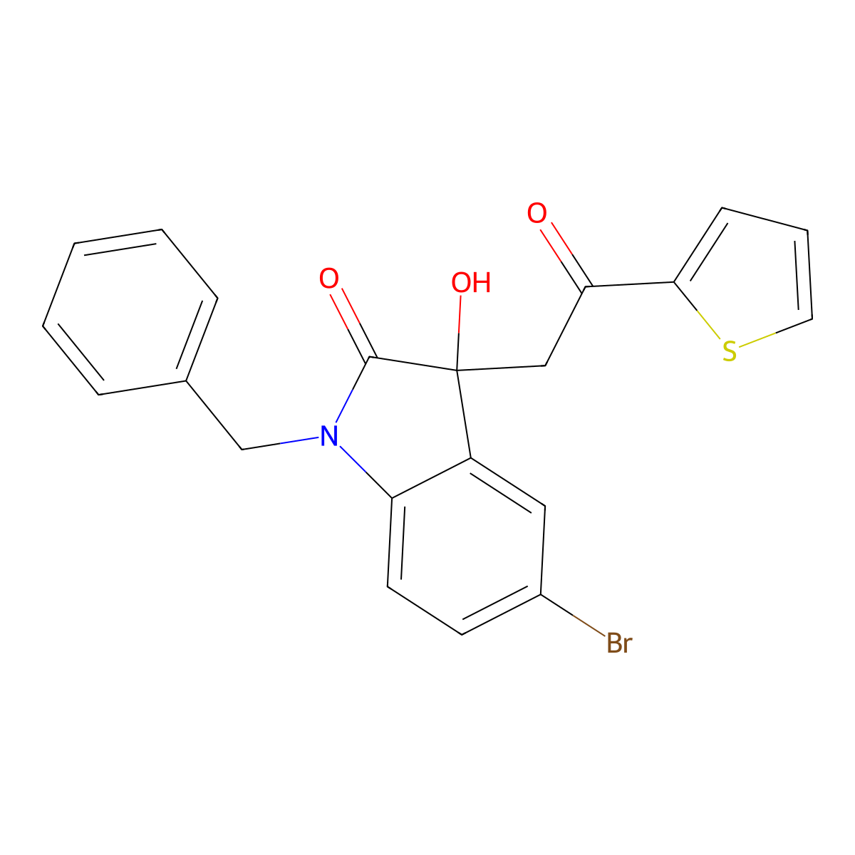1-Benzyl-5-bromo-3-hydroxy-3-(2-oxo-2-thiophen-2-ylethyl)indol-2-one molecular structure, CAS 689755-50-8