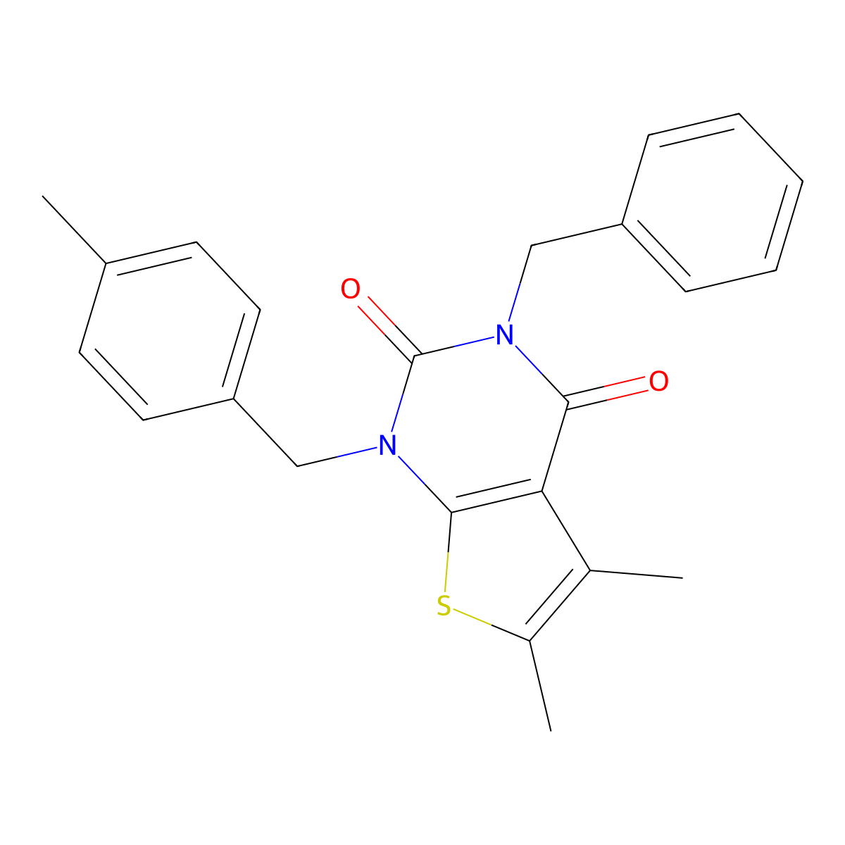 3-benzyl-5,6-dimethyl-1-[(4-methylphenyl)methyl]-1H,2H,3H,4H-thieno[2,3-d]pyrimidine-2,4-dione molecular structure, CAS 689755-73-5