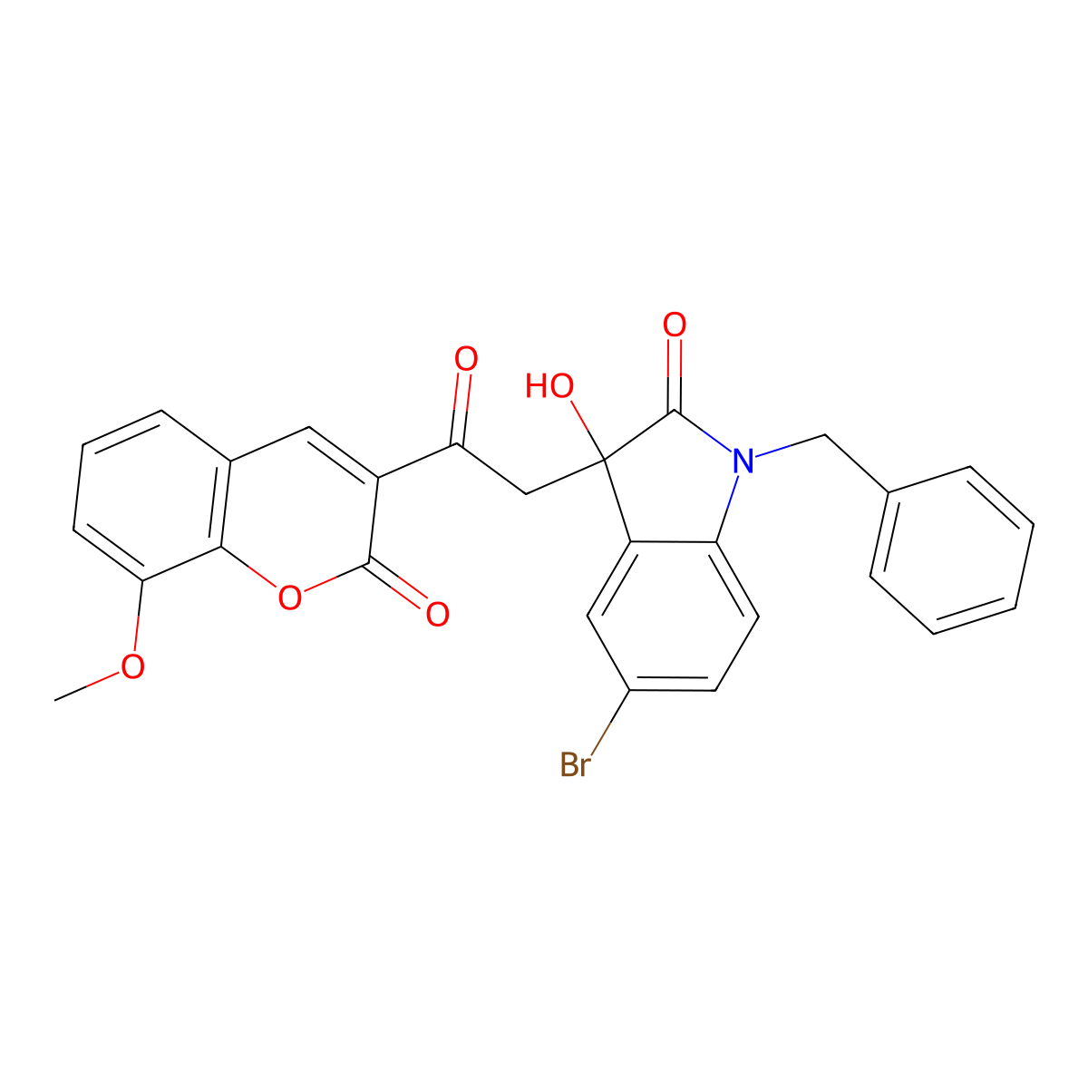 1-Benzyl-5-bromo-3-hydroxy-3-[2-(8-methoxy-2-oxochromen-3-yl)-2-oxoethyl]indol-2-one molecular structure, CAS 689755-91-7