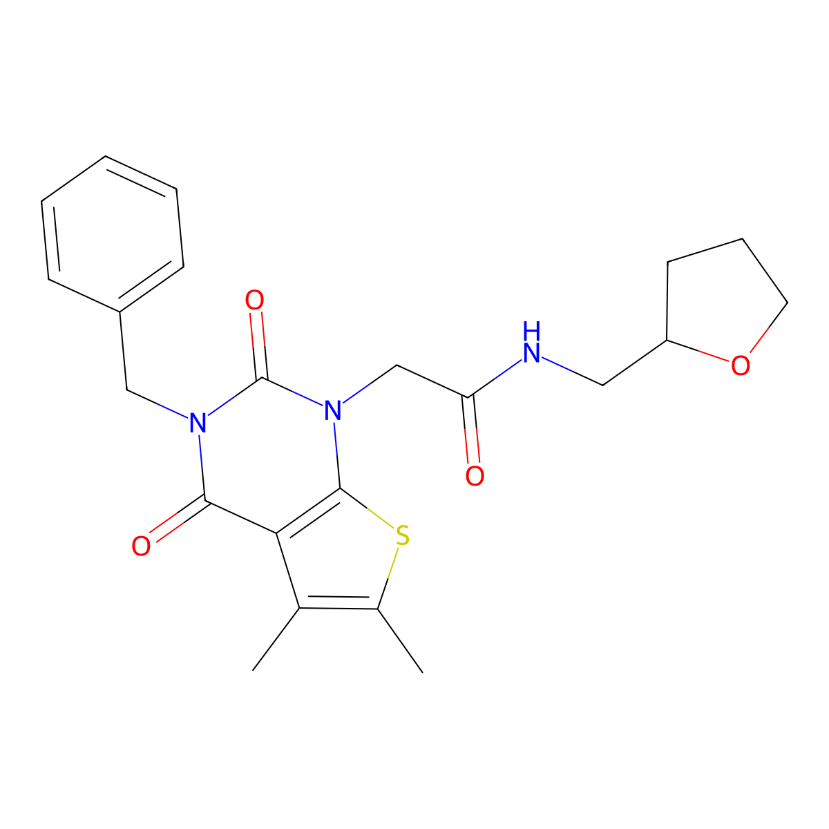 2-{3-benzyl-5,6-dimethyl-2,4-dioxo-1H,2H,3H,4H-thieno[2,3-d]pyrimidin-1-yl}-N-[(oxolan-2-yl)methyl]acetamide molecular structure, CAS 689755-95-1
