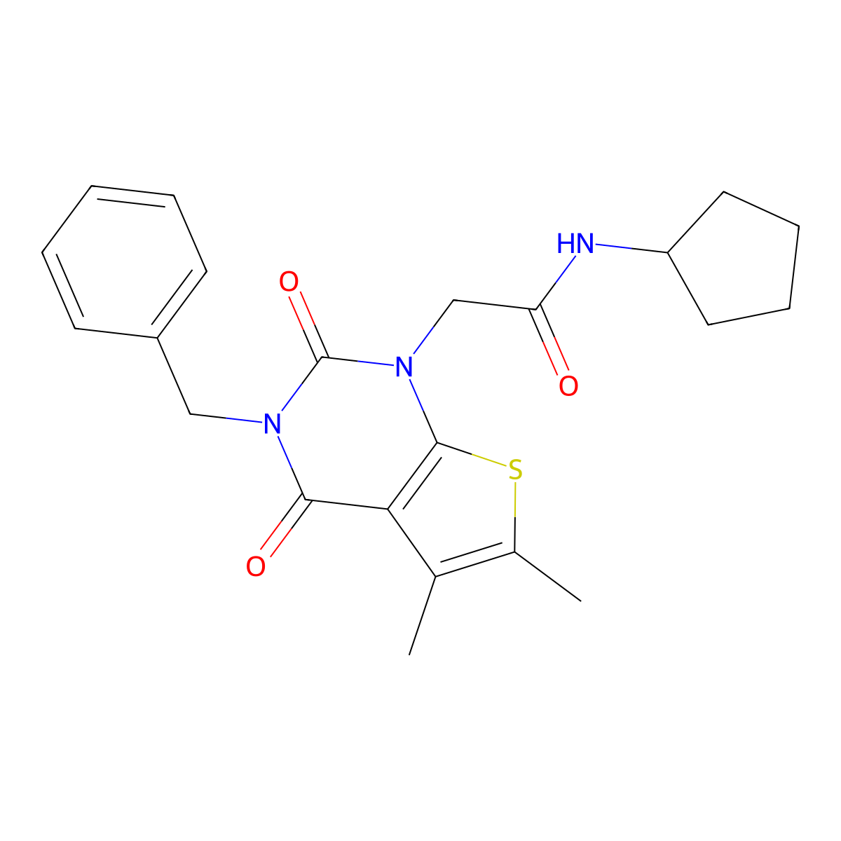 2-{3-benzyl-5,6-dimethyl-2,4-dioxo-1H,2H,3H,4H-thieno[2,3-d]pyrimidin-1-yl}-N-cyclopentylacetamide molecular structure, CAS 689756-00-1