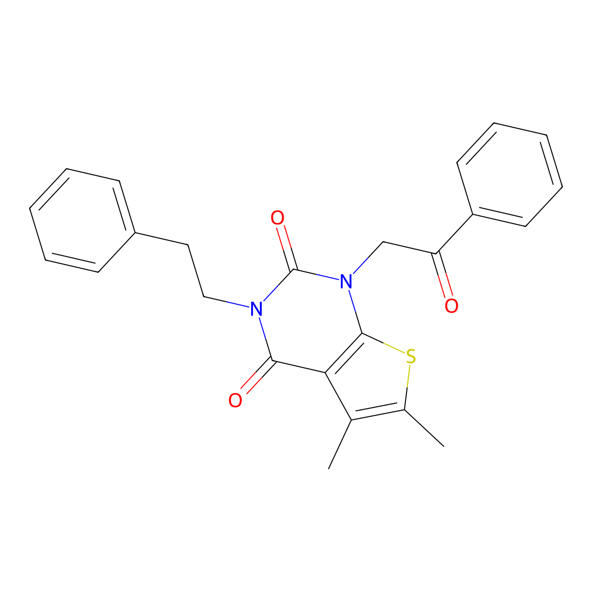 5,6-dimethyl-1-(2-oxo-2-phenylethyl)-3-(2-phenylethyl)-1H,2H,3H,4H-thieno[2,3-d]pyrimidine-2,4-dione molecular structure, CAS 689756-64-7