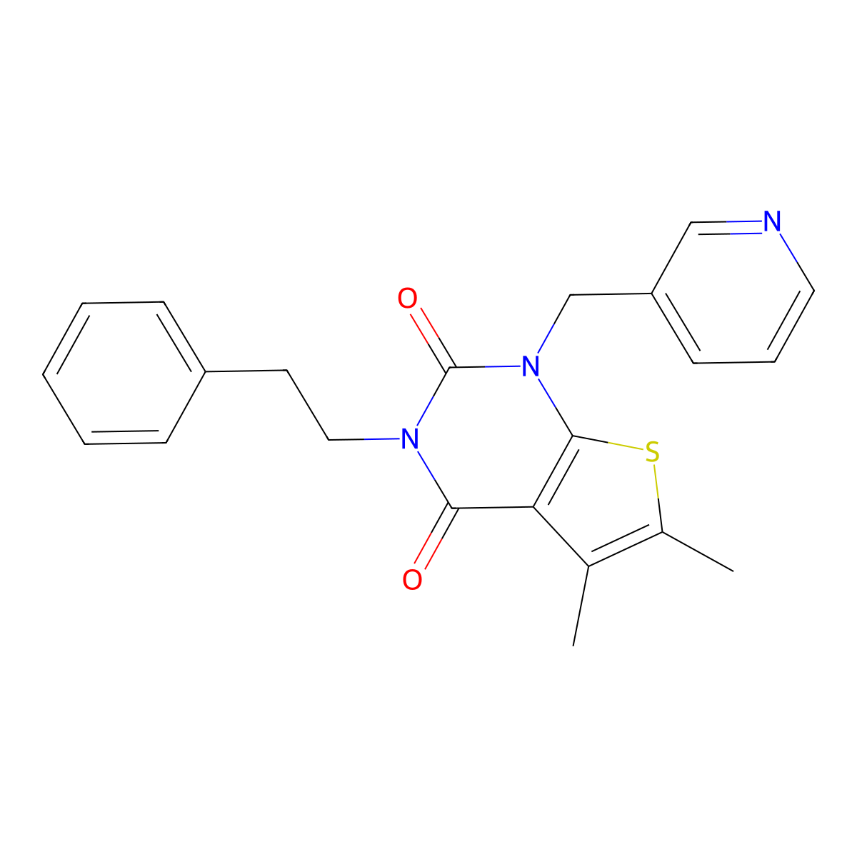 5,6-dimethyl-3-(2-phenylethyl)-1-[(pyridin-3-yl)methyl]-1H,2H,3H,4H-thieno[2,3-d]pyrimidine-2,4-dione molecular structure, CAS 689756-70-5