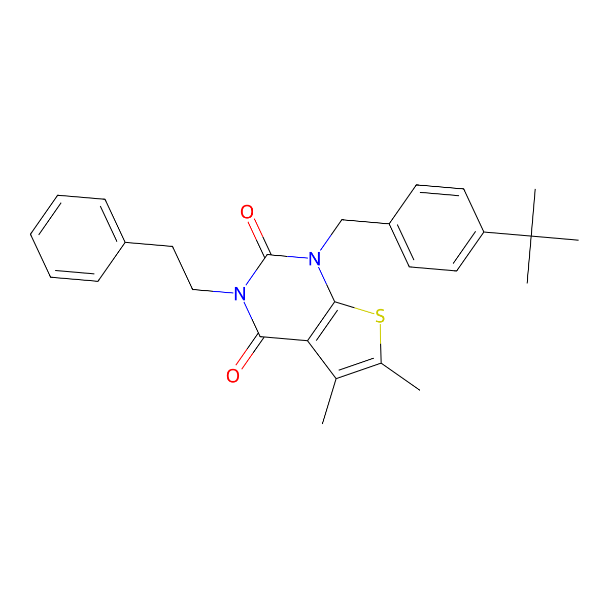 1-[(4-tert-butylphenyl)methyl]-5,6-dimethyl-3-(2-phenylethyl)-1H,2H,3H,4H-thieno[2,3-d]pyrimidine-2,4-dione molecular structure, CAS 689756-82-9