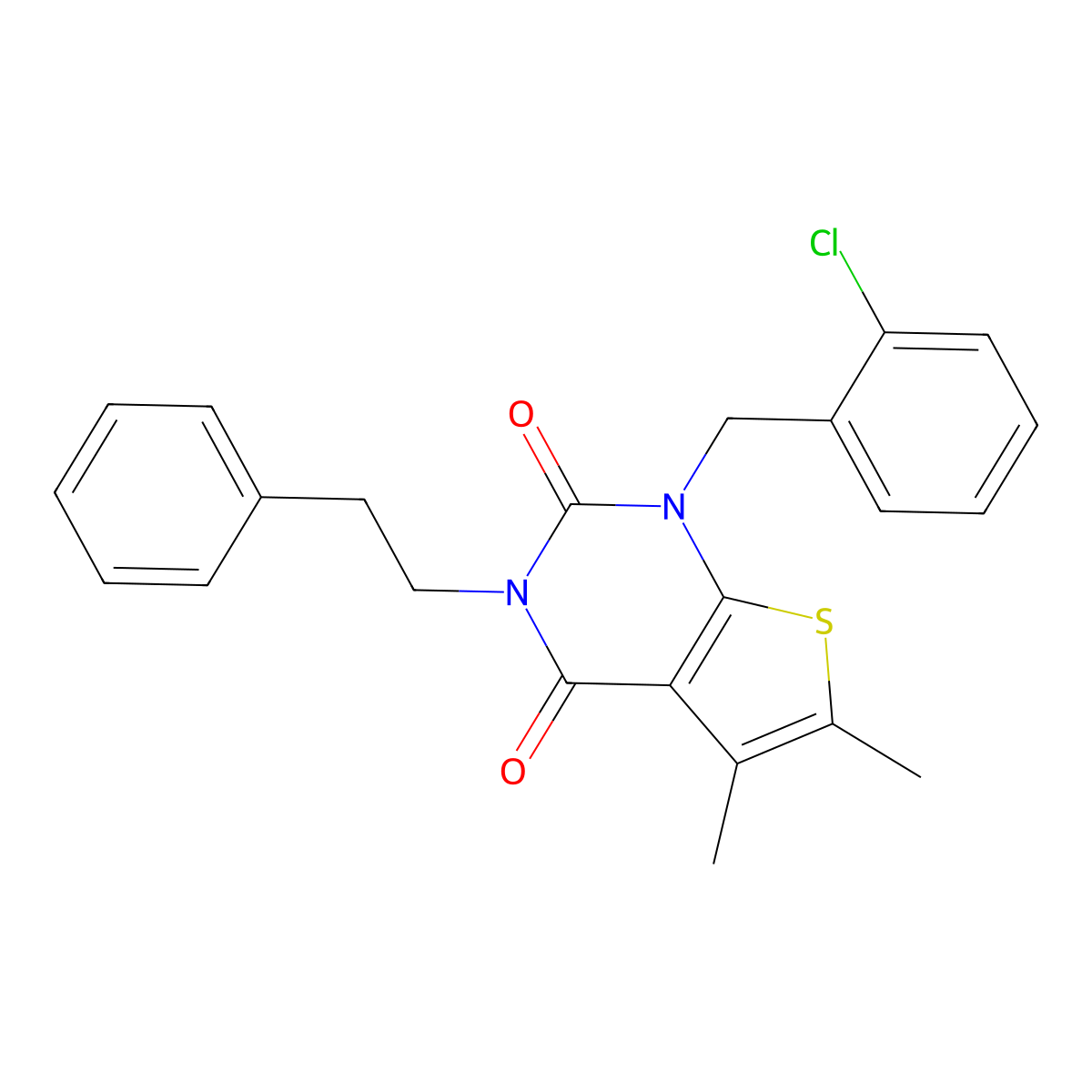 1-[(2-chlorophenyl)methyl]-5,6-dimethyl-3-(2-phenylethyl)-1H,2H,3H,4H-thieno[2,3-d]pyrimidine-2,4-dione molecular structure, CAS 689757-00-4