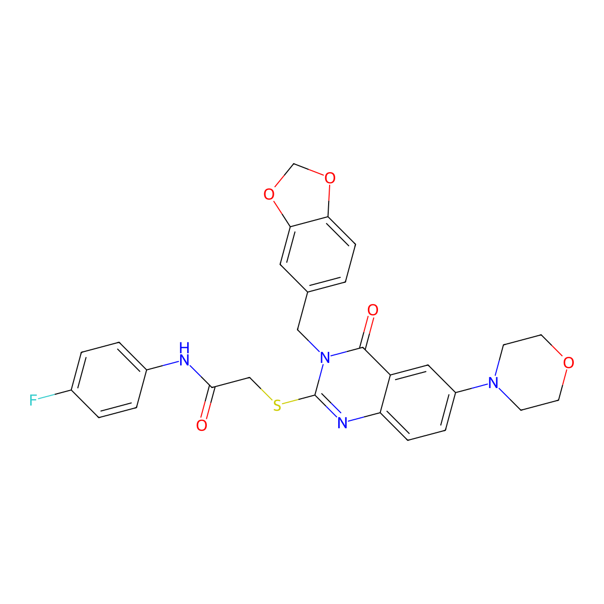 2-[3-(1,3-benzodioxol-5-ylmethyl)-6-morpholin-4-yl-4-oxoquinazolin-2-yl]sulfanyl-N-(4-fluorophenyl)acetamide molecular structure, CAS 689757-03-7