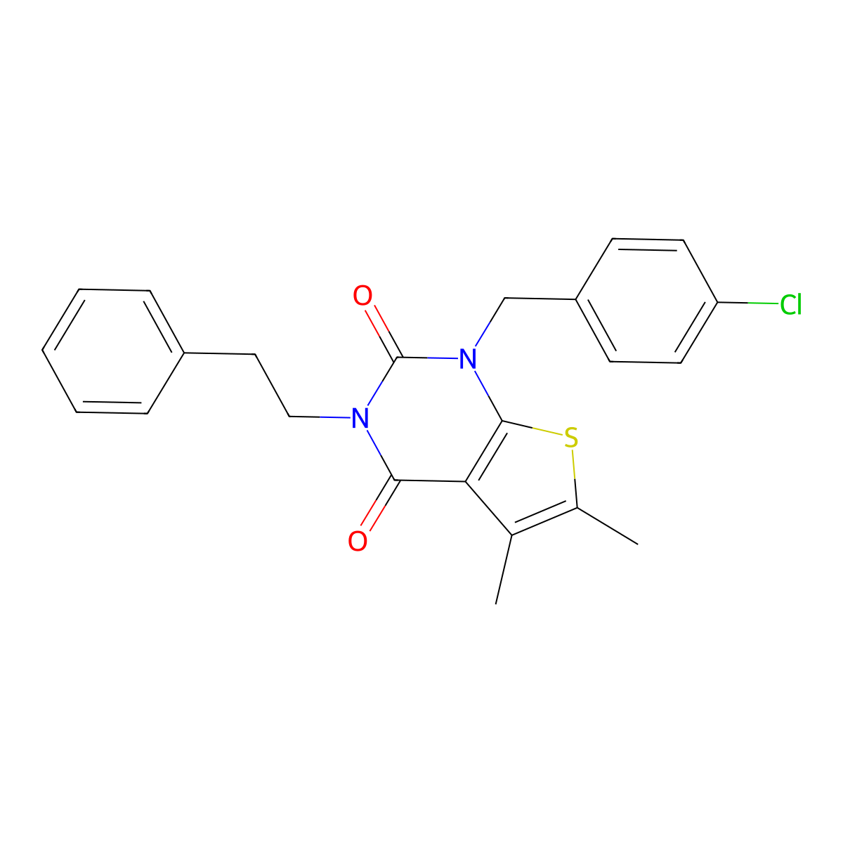 1-[(4-chlorophenyl)methyl]-5,6-dimethyl-3-(2-phenylethyl)-1H,2H,3H,4H-thieno[2,3-d]pyrimidine-2,4-dione molecular structure, CAS 689757-06-0