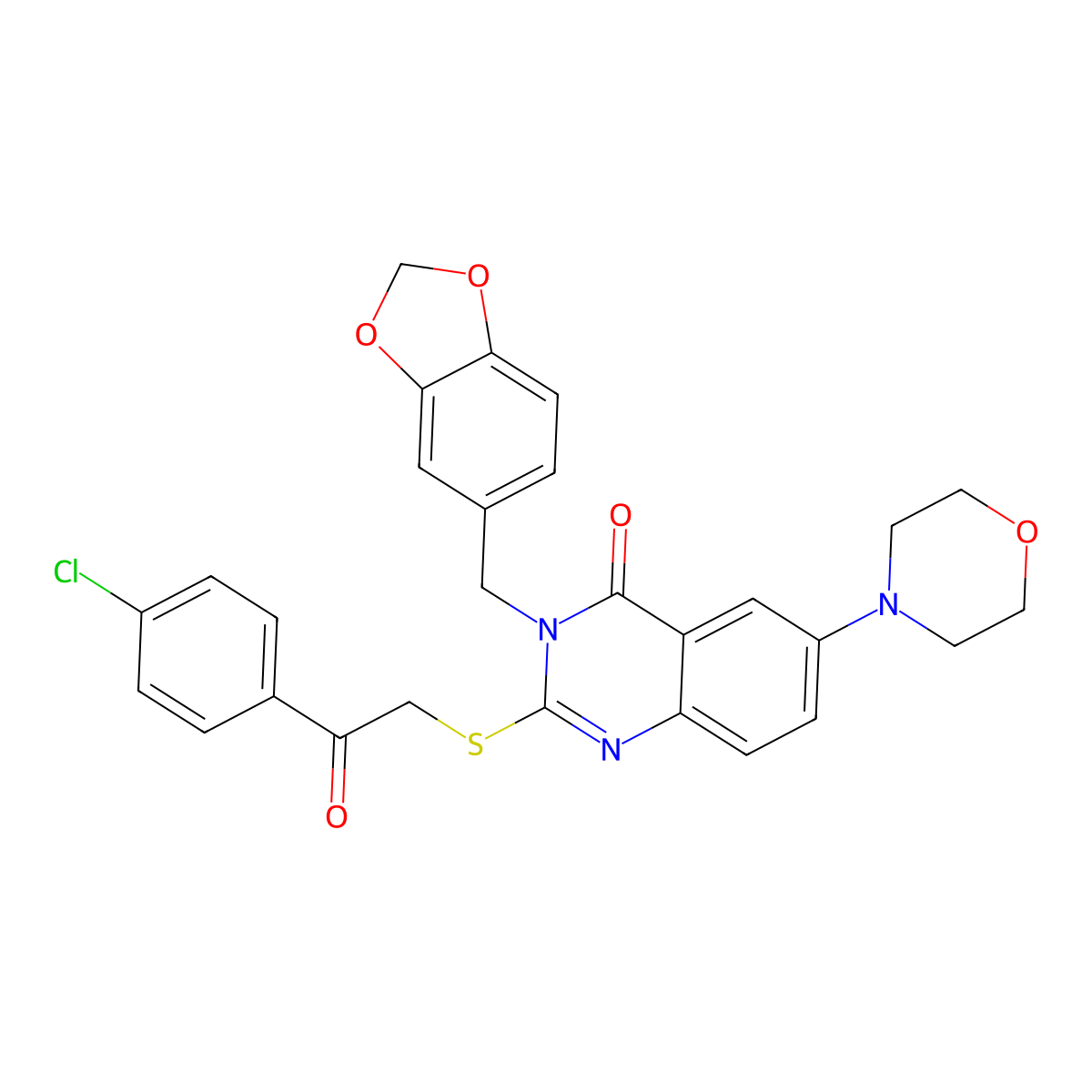 3-(1,3-Benzodioxol-5-ylmethyl)-2-[2-(4-chlorophenyl)-2-oxoethyl]sulfanyl-6-morpholin-4-ylquinazolin-4-one molecular structure, CAS 689757-09-3